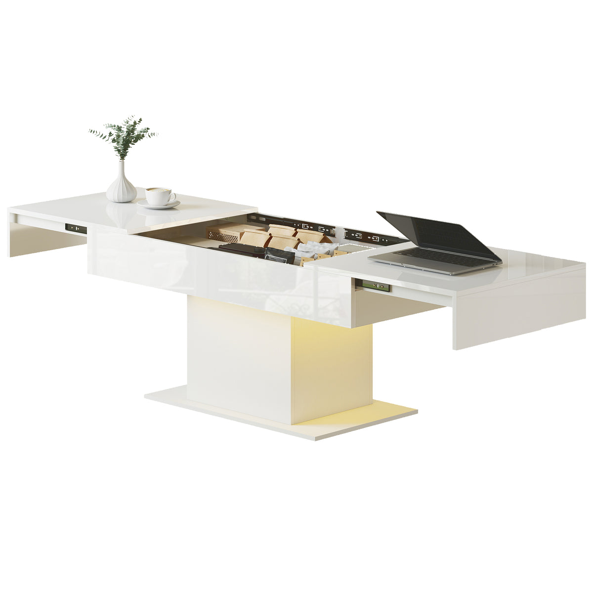 Extendable LED Coffee Table with Hidden Storage, High Gloss White