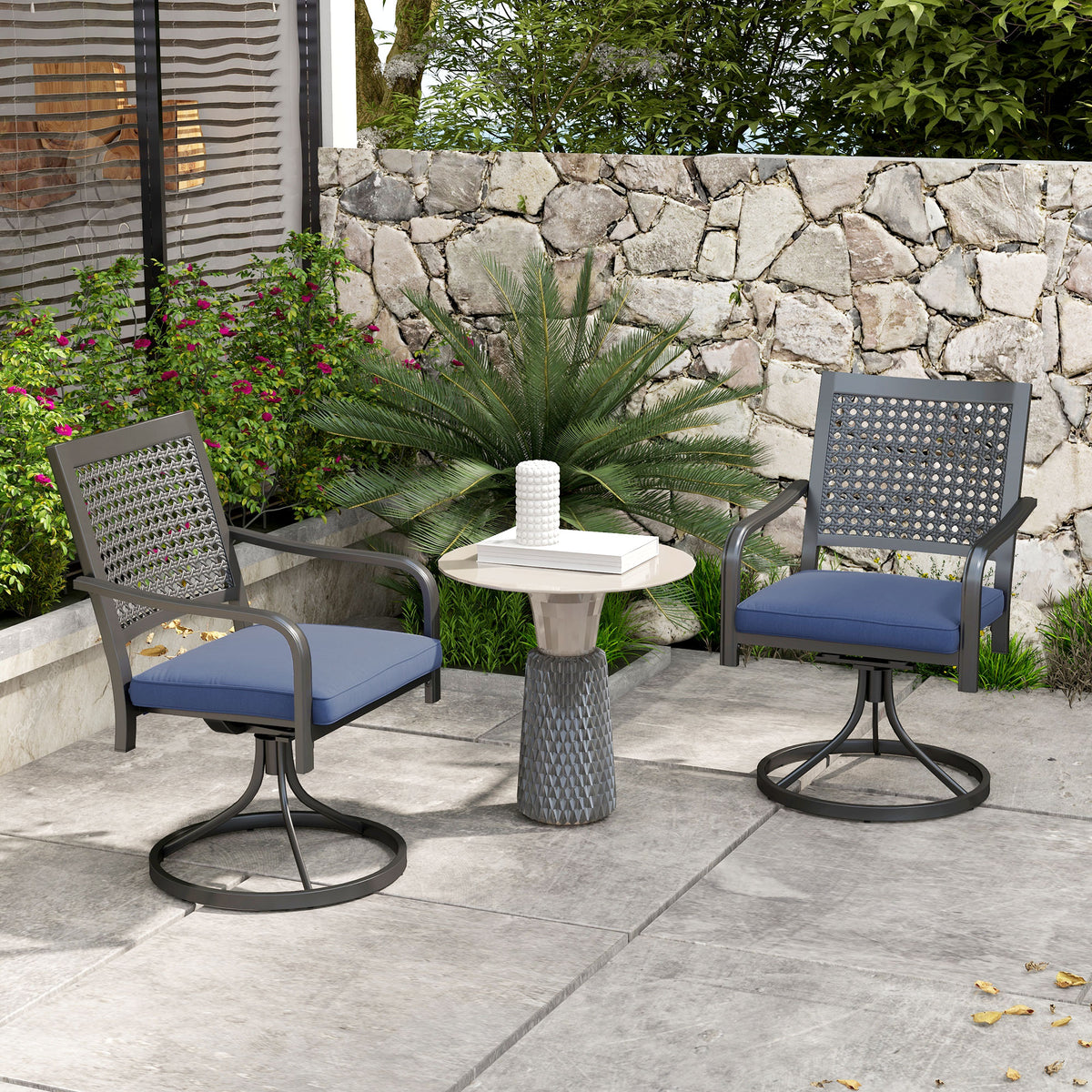 2 Pieces Patio Swivel Chairs with Cushion, Outdoor Swivel Rocker with Curved Armrests, Backrest for Garden, Balcony, Porch