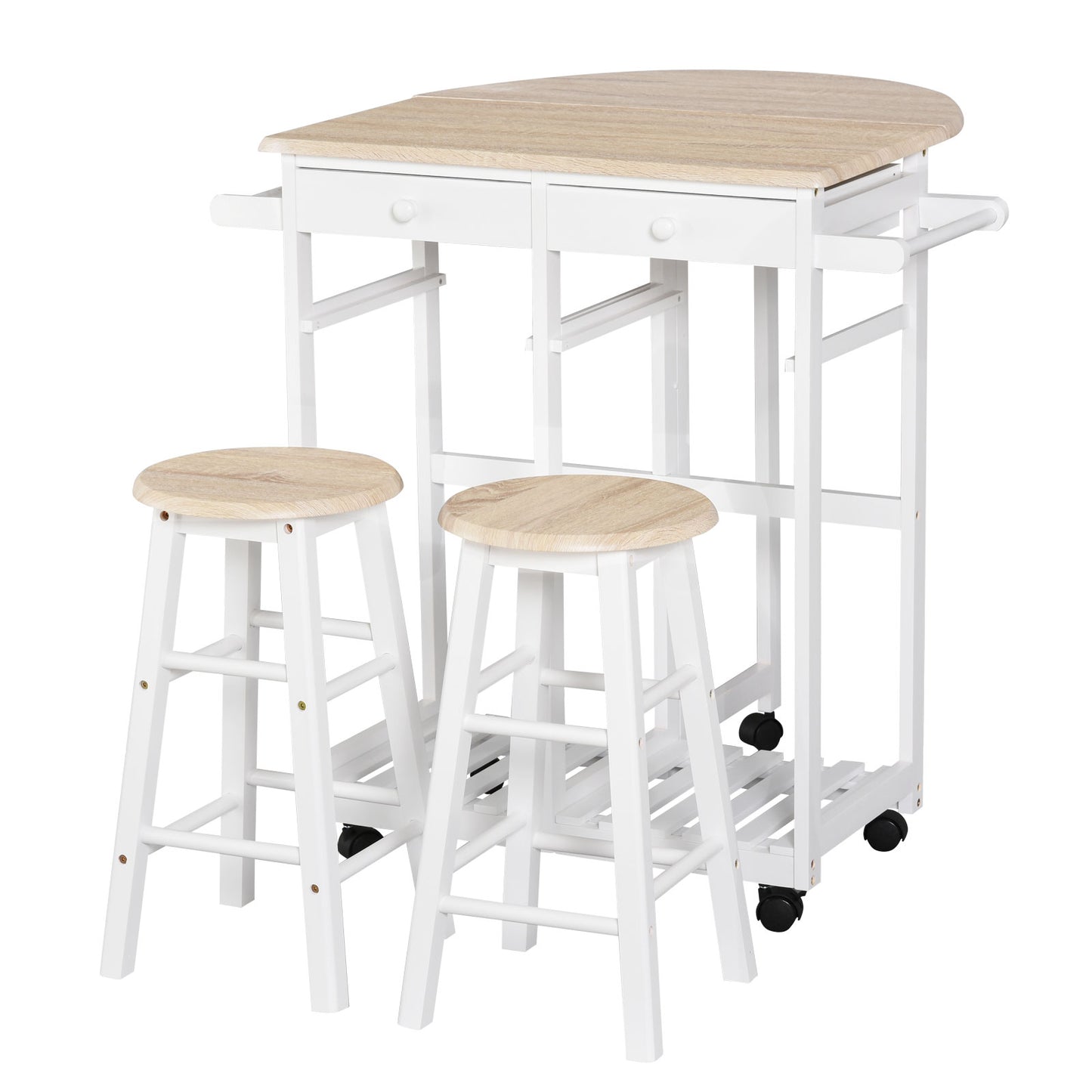 HOMCOM Kitchen Trolley 3-Piece Set with Drop Leaf Table, White