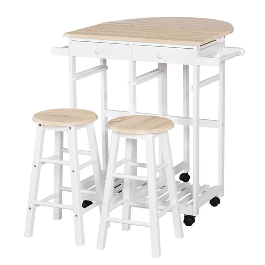 HOMCOM Kitchen Trolley 3-Piece Set with Drop Leaf Table, White