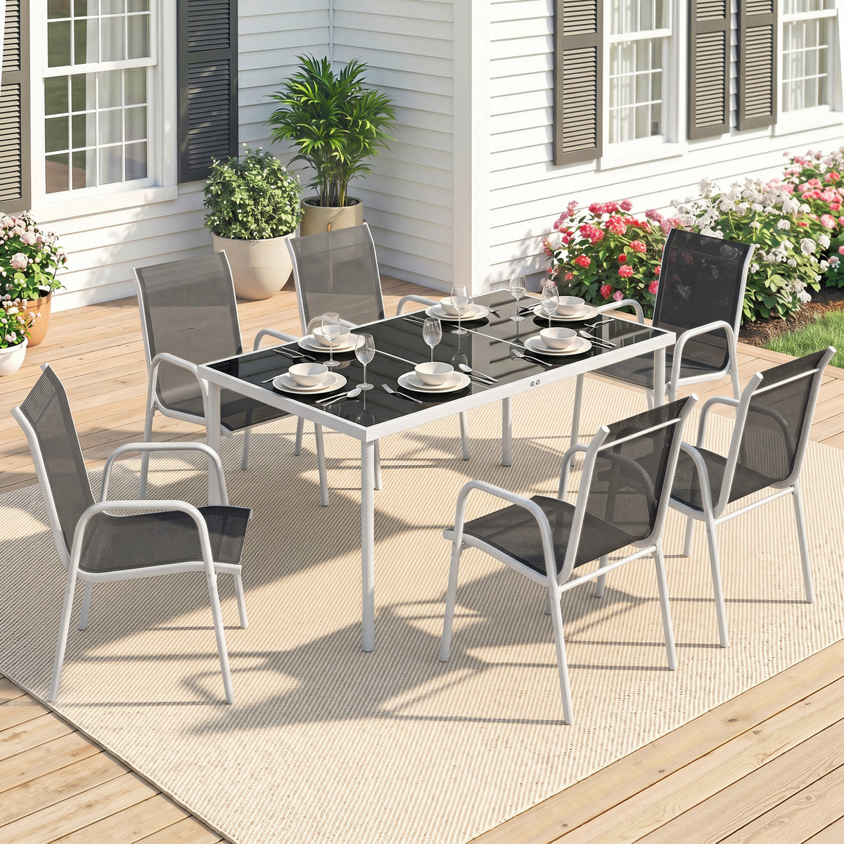 7 Piece Garden Dining Set, Garden Furniture Set with Rectangle Table and 6 Stackable Chairs – Grey, White, Black