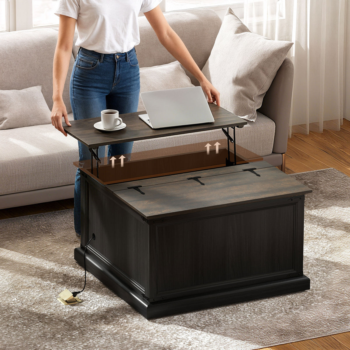 Square Lift-Top Coffee Table with Charging Station and Hidden Storage