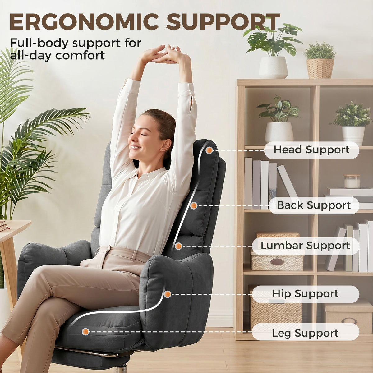 Office Chair with Footrest, Ergonomic Reclining Computer Gaming Chair with Snow Flannel Fabric, Dark Grey