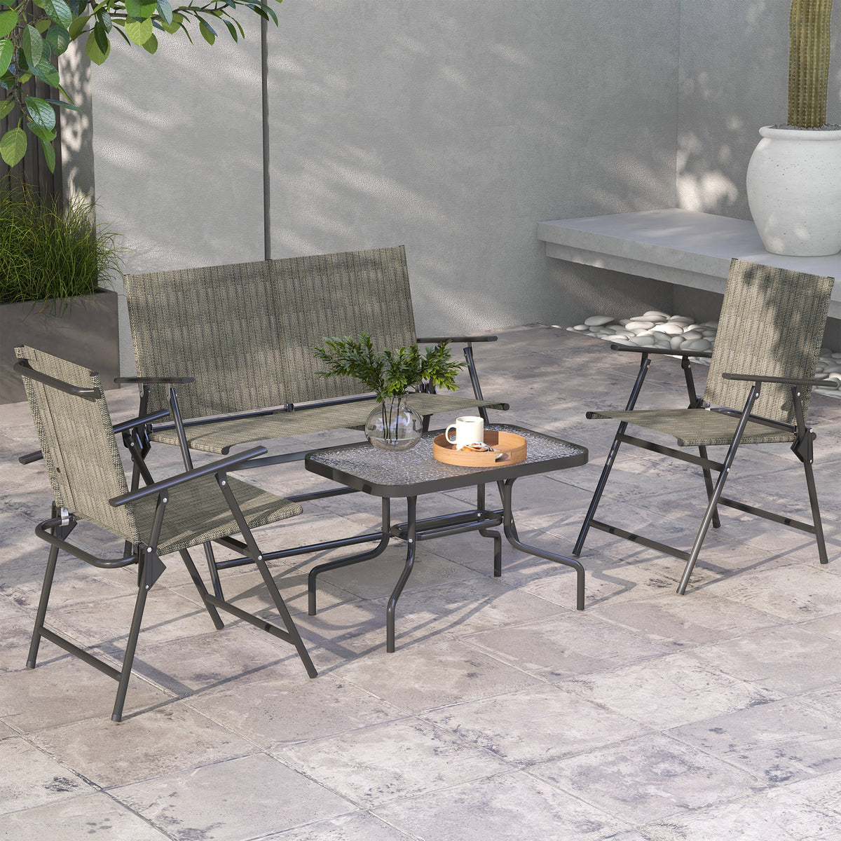Outdoor 4 Pieces Patio Furniture Set, Garden Set with Two Foldable Armchairs, a Loveseat & Glass Top Table – Mixed Brown