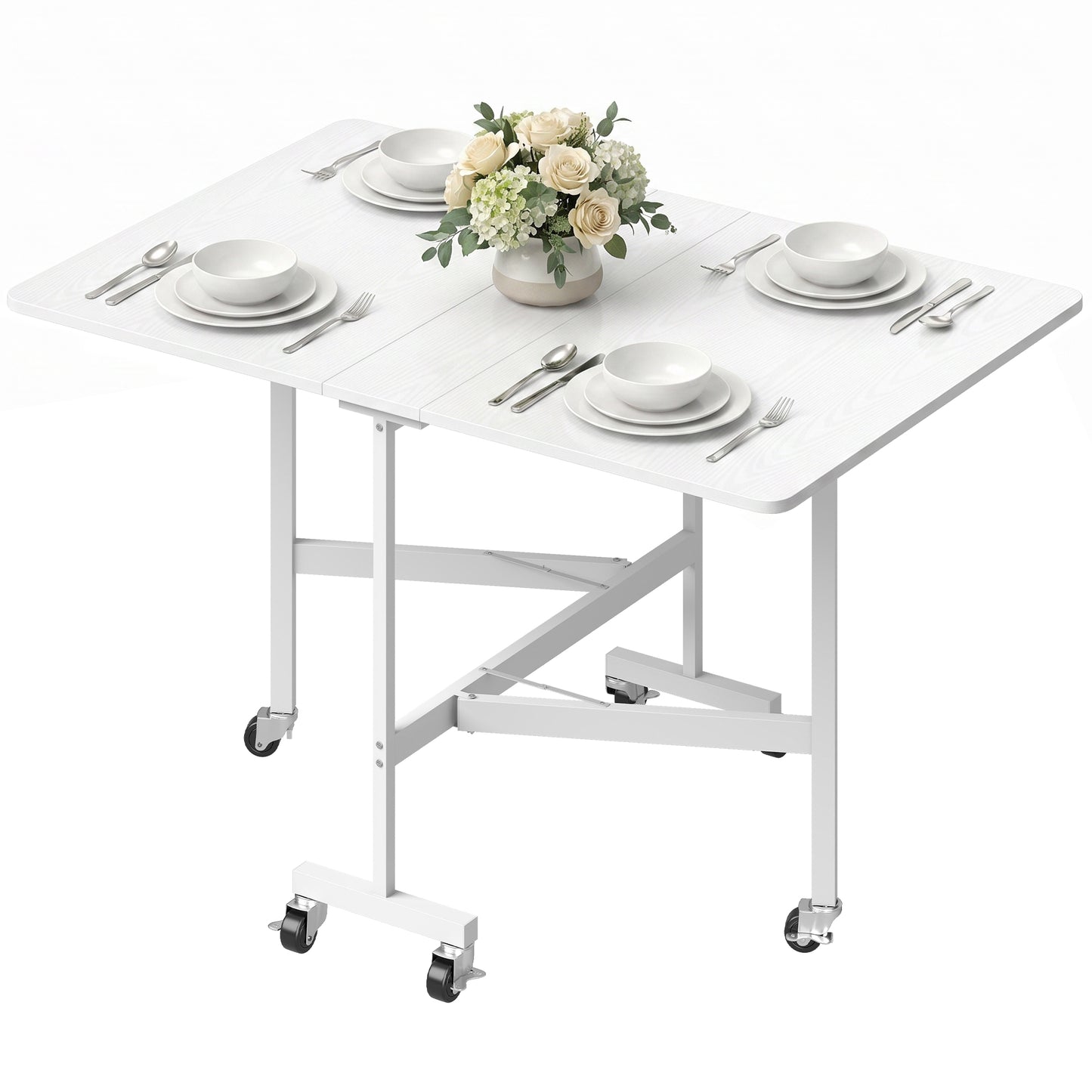 HOMCOM Six-Seater Drop-Leaf Dining Table with Wheels White