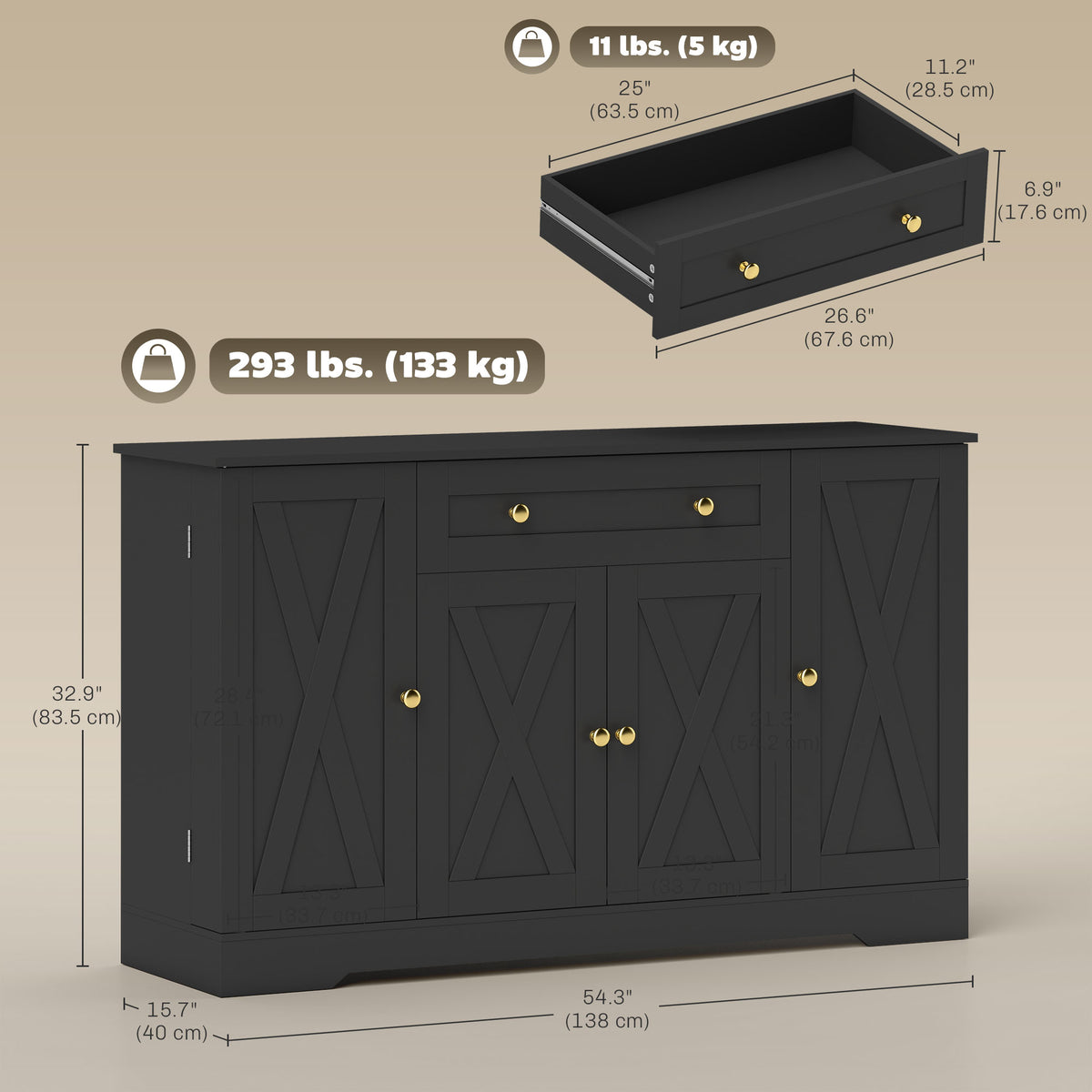 Farmhouse Sideboard with Barn Doors and Door Shelves – 54"W x 33"H