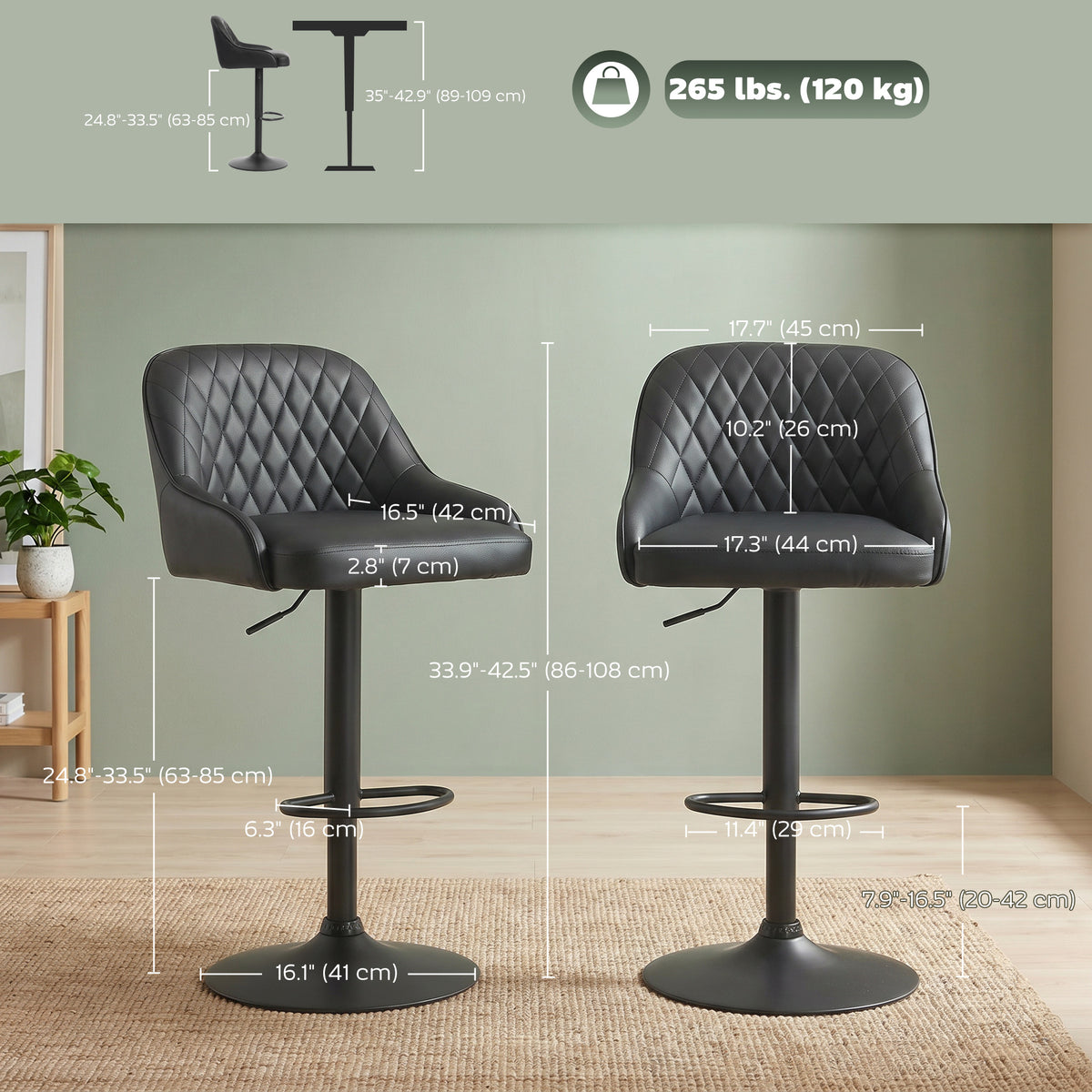 Diamond-Quilted Adjustable Swivel Kitchen Bar Stools with Backrest, Set of 2, Black