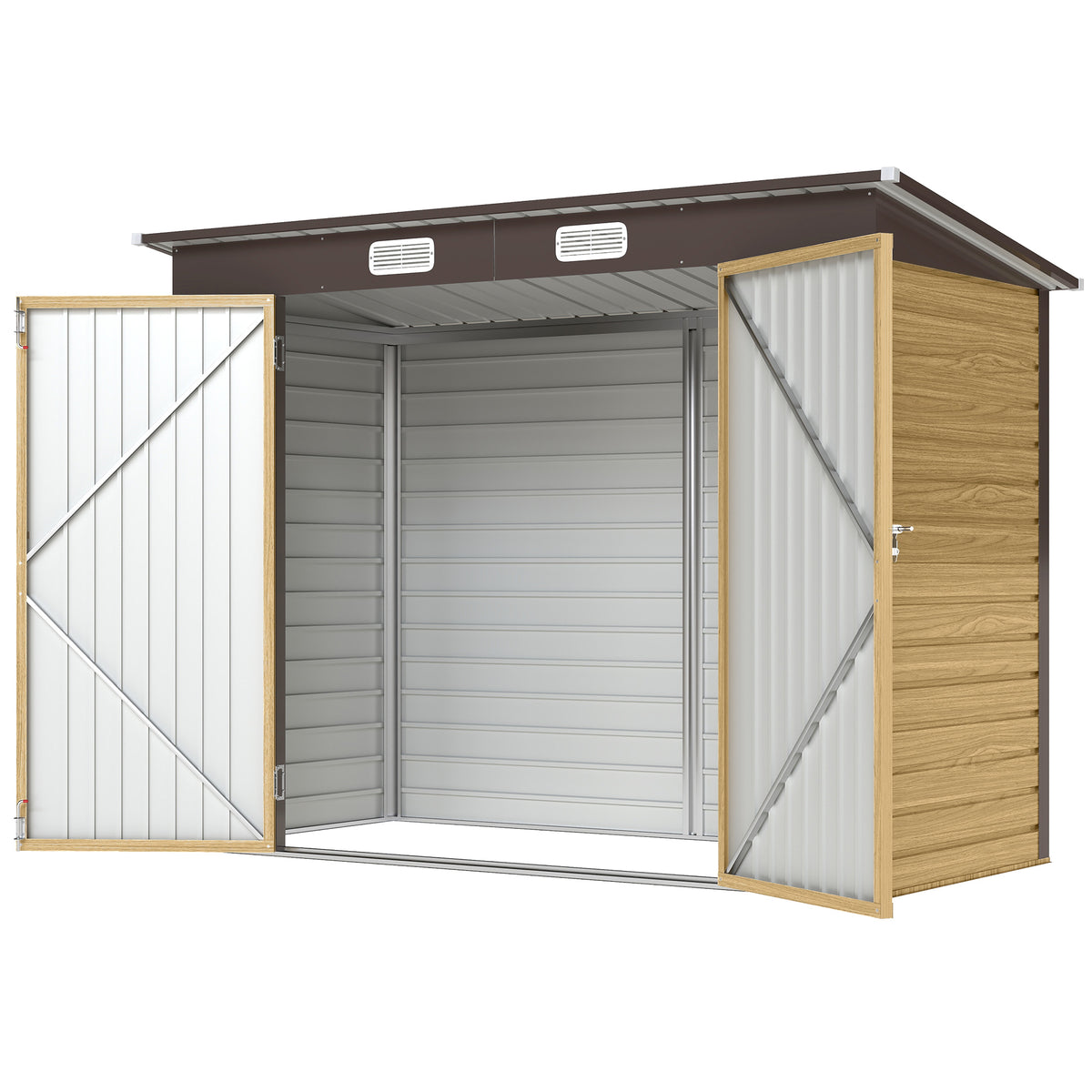 8 x 4FT Galvanized Garden Storage Shed, Metal Outdoor Shed with Double Doors and 2 Vents – Oak