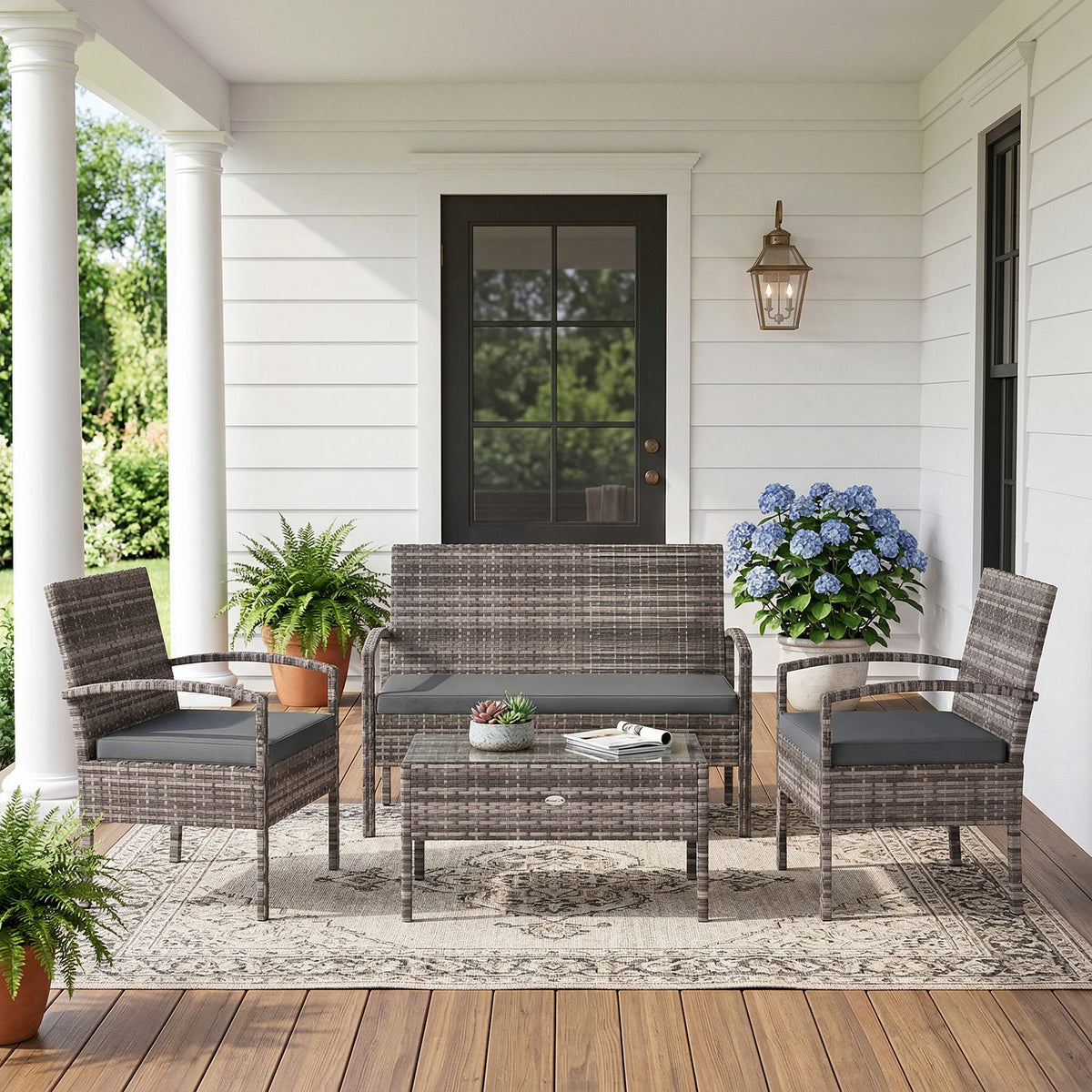 4 Pieces Patio Furniture Set with A Loveseat, Two Armchairs and A Coffee Table, Outdoor Conversation Set – Dark Grey
