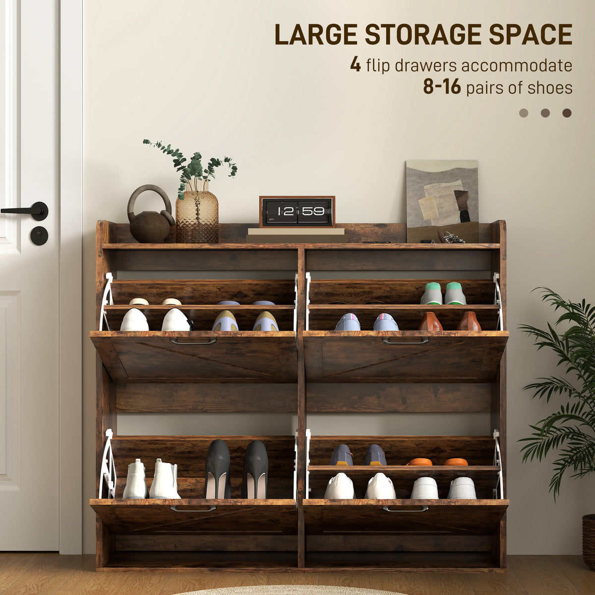 Narrow Shoe Storage Cabinet with 4 Flip Drawers – 41"W x 35"H
