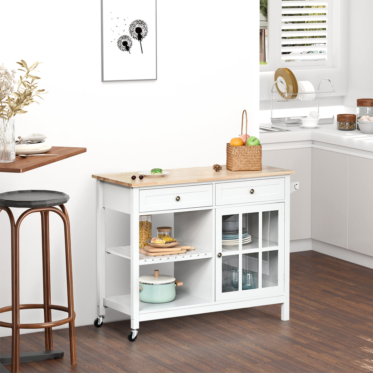 Kitchen Cart on Wheels with Rubber Wood Top – 45"W x 34"H