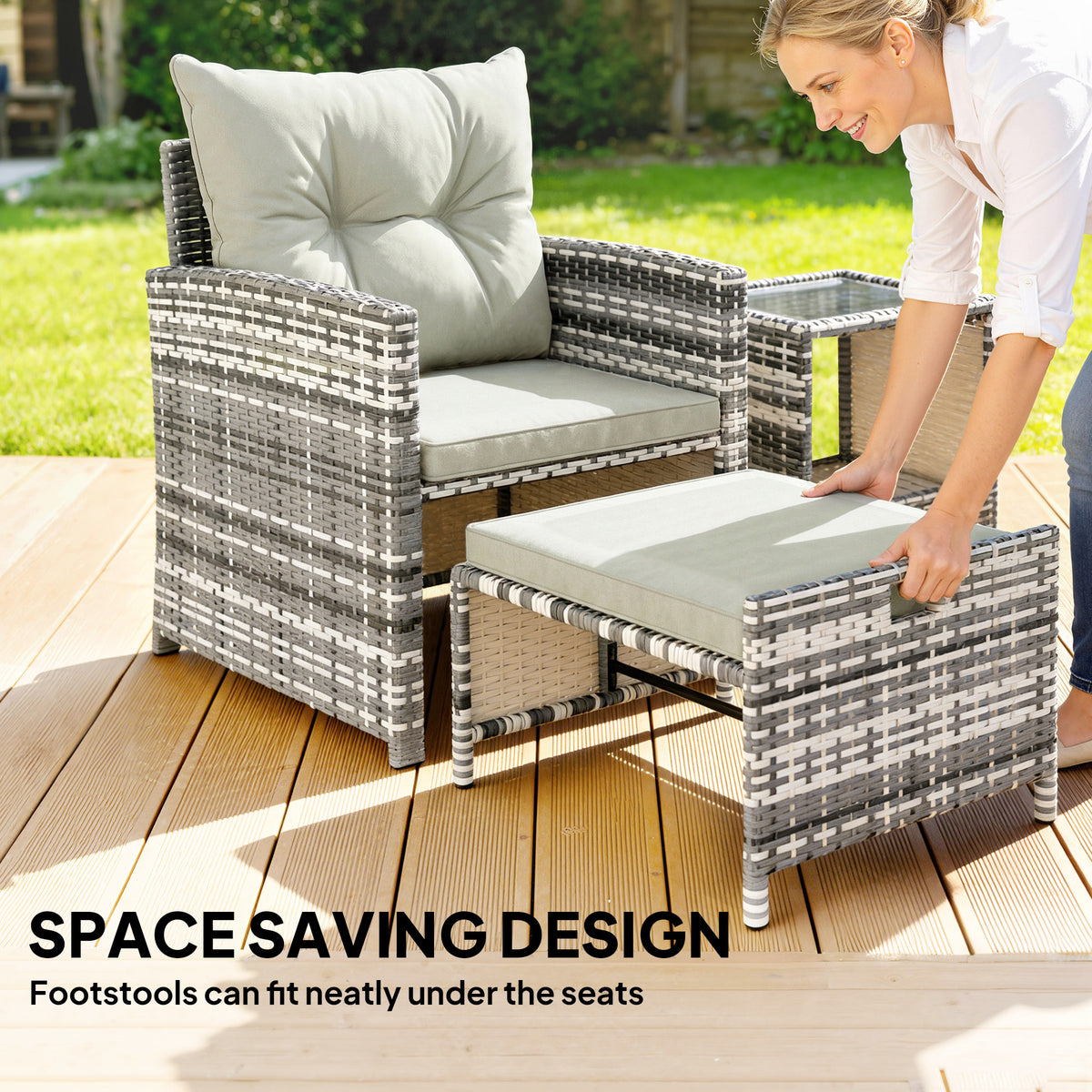 5 Piece Patio Furniture Set, Wicker Patio Chairs with Ottomans, 2-Tier Glass Coffee Table and Cushions, Grey/Dark – White