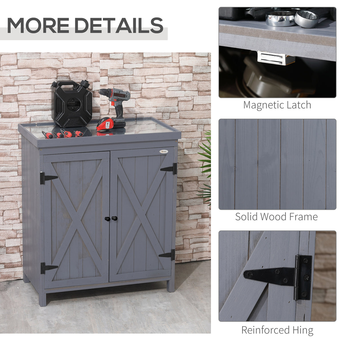 Garden Storage Cabinet, Outdoor Tool Shed with Galvanized Top and Two Shelves for Yard Tools and Pool Accessories