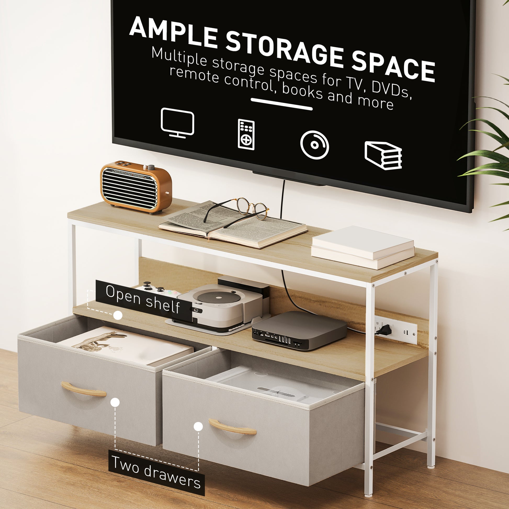 HOMCOM Modern Oak TV Stand, Charging Station, Foldable Drawers, 47-Inch TV