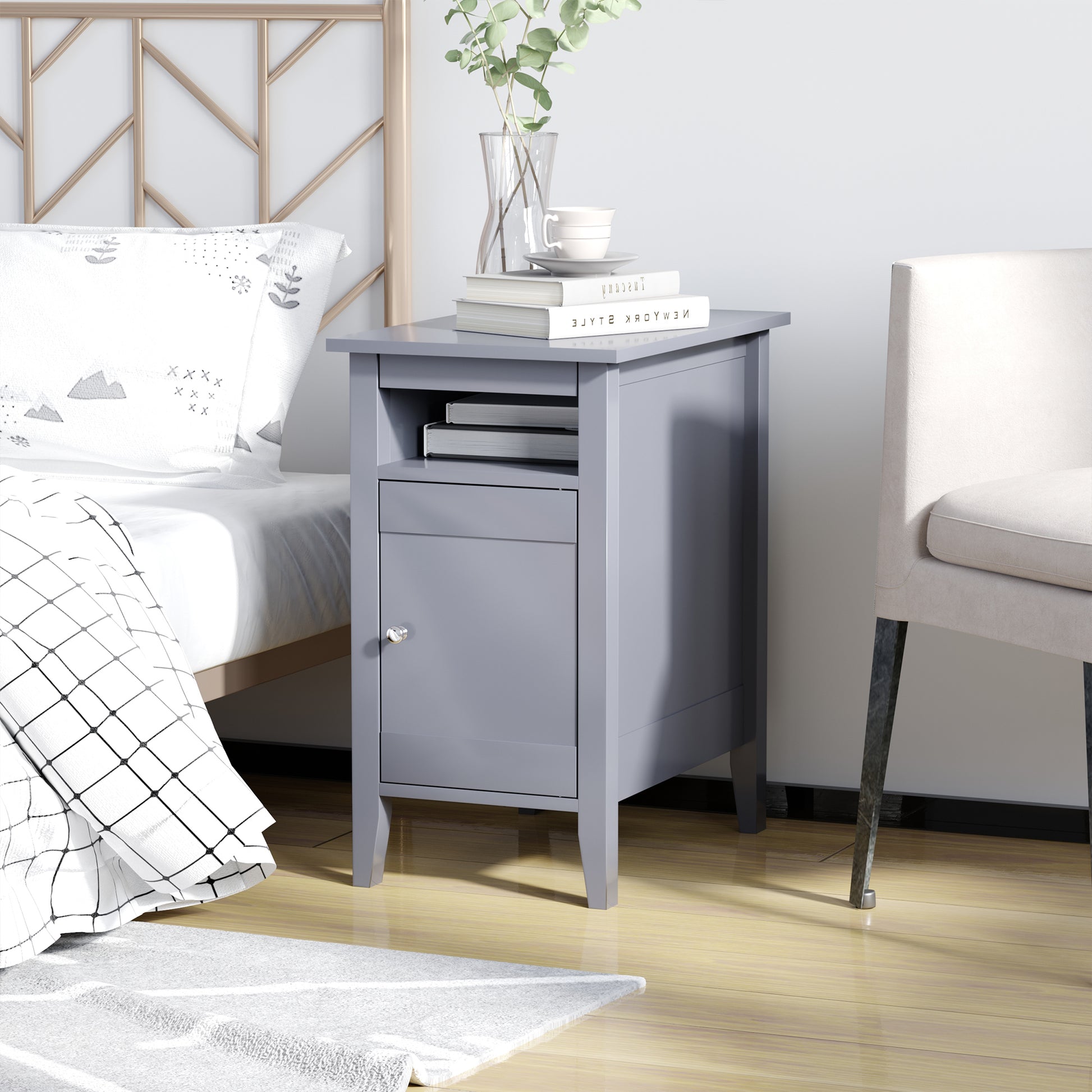 Modern Grey Wooden Nightstand with Pullout Tray, 3-Tier Adjustable Storage Cabinet