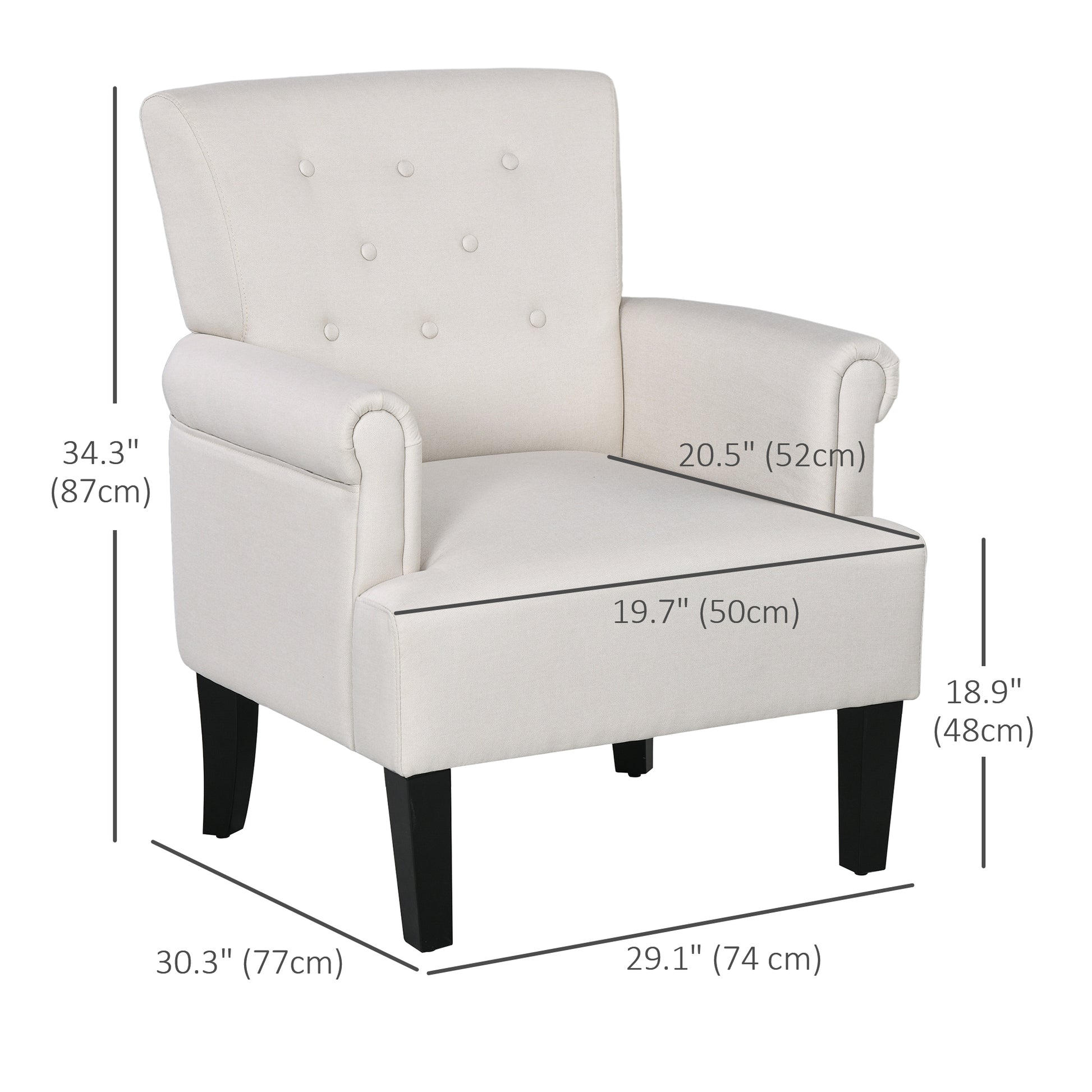 HOMCOM Elegant Cream Fabric Accent Armchair with Rolled Arms Wood Legs