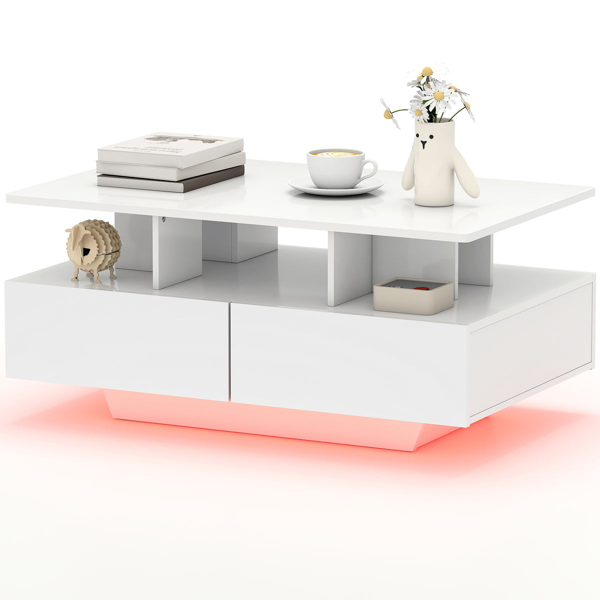 RGB LED Coffee Table with 4 Drawers and Open Shelf, High Gloss White