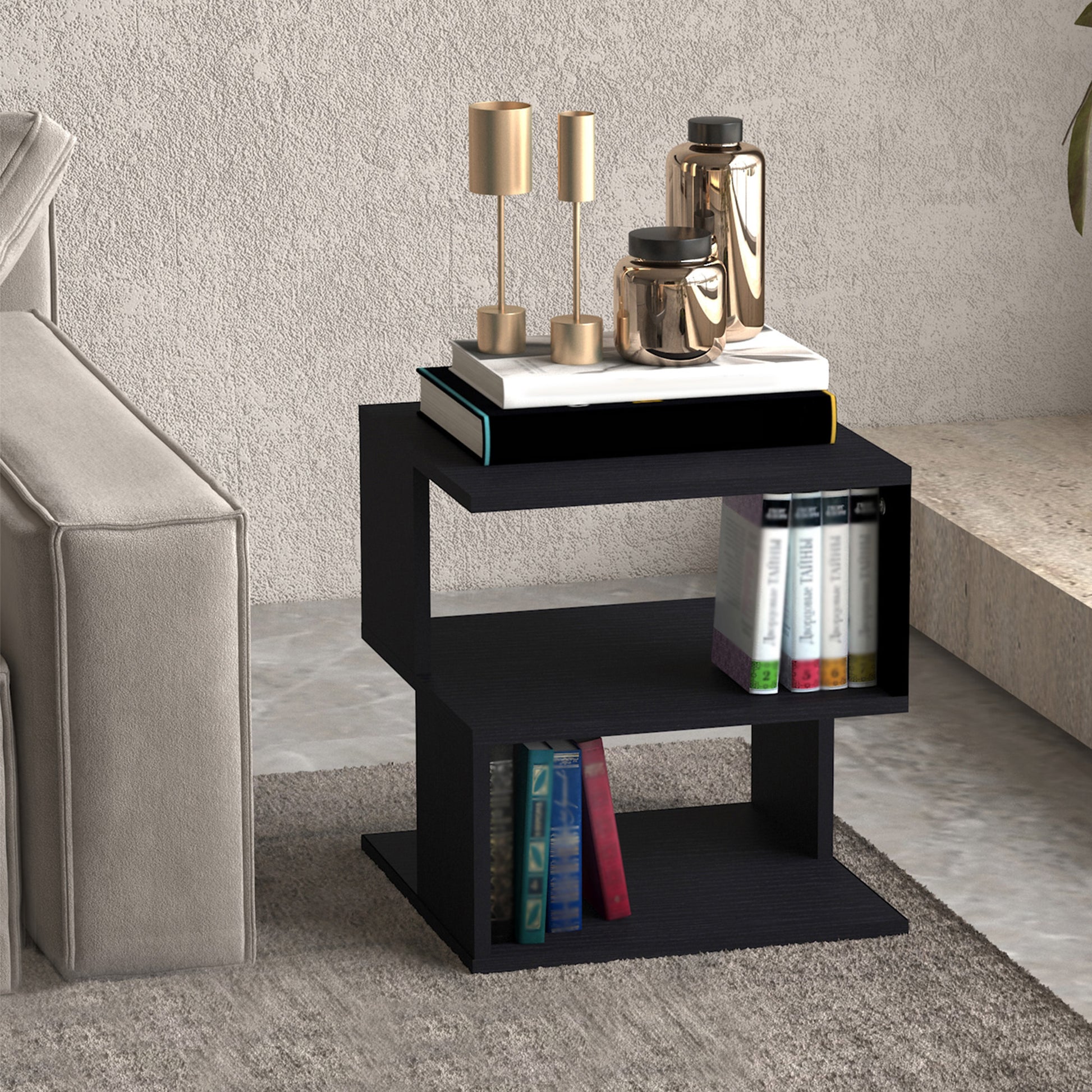 Modern Square 3-Tier Wood Coffee Side End Table with Storage Shelves Black