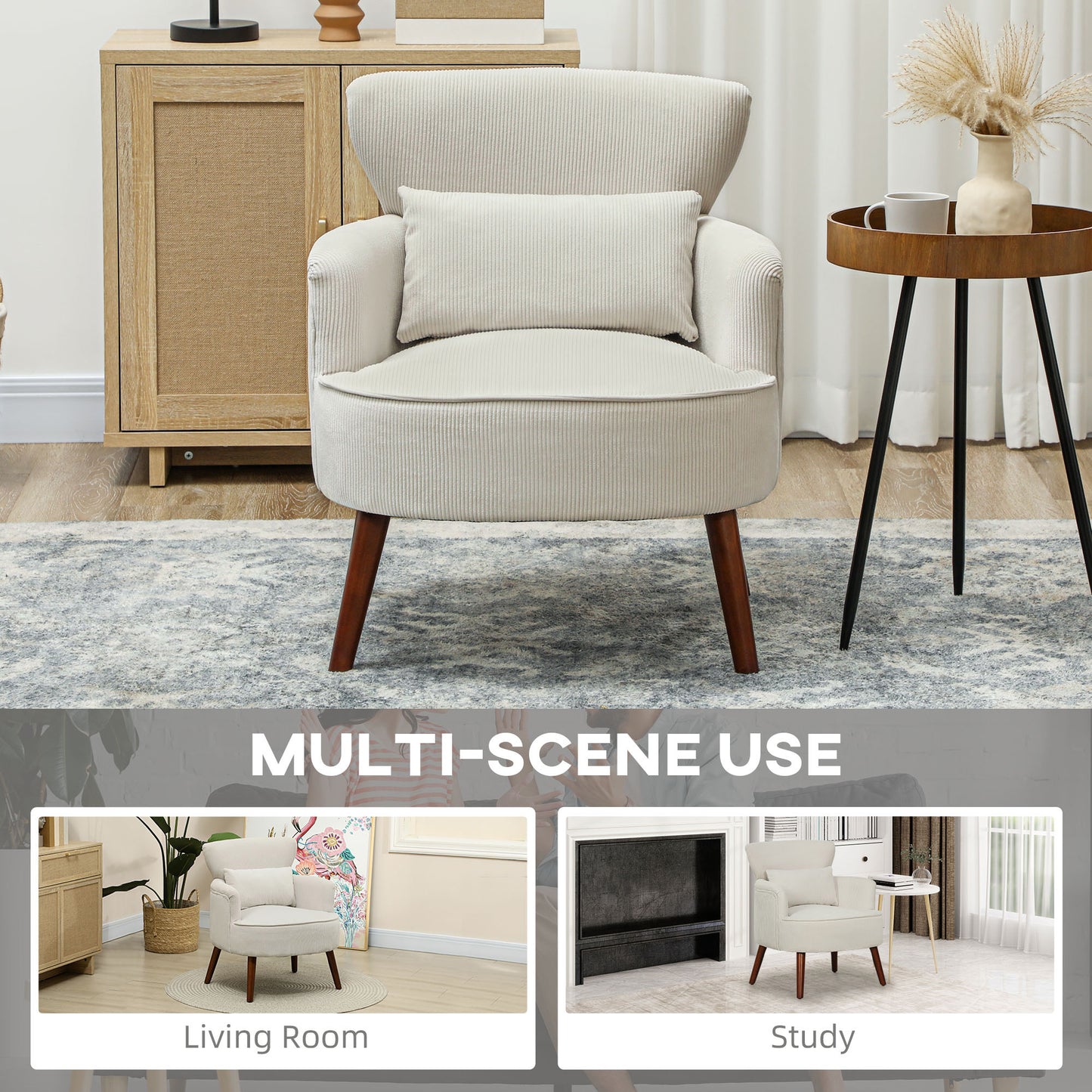 Modern Accent Chair, Upholstered Armchair with Solid Wood Legs and Lumbar Pillow for Living Room, Cream White