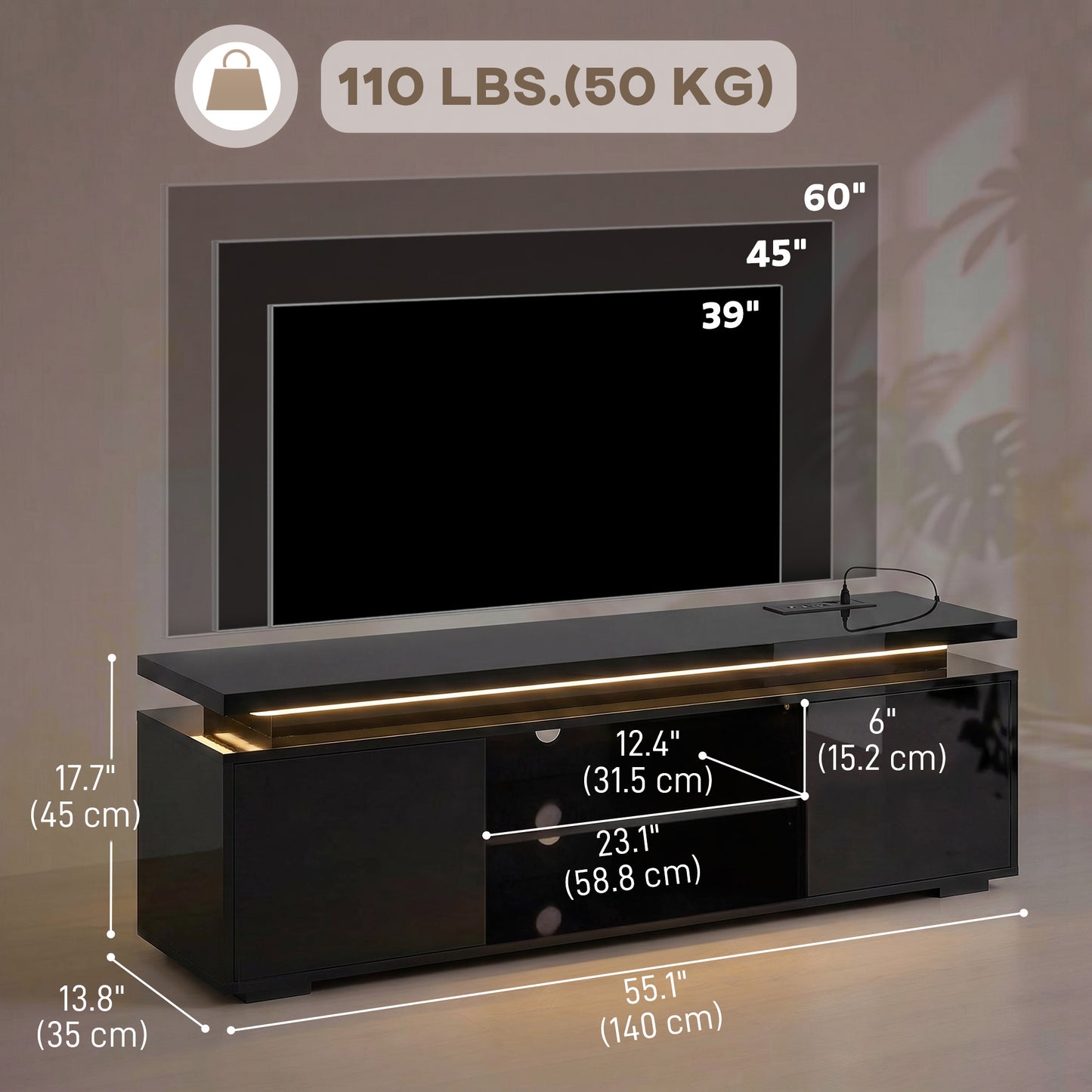 HOMCOM TV Stand LED Lights, Power Outlets, High Gloss Black
