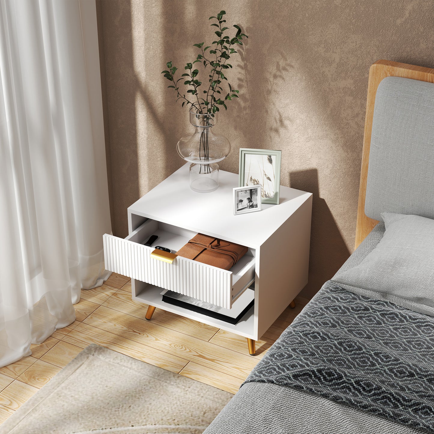 Modern White Fluted Panel Nightstand with Drawer, Open Storage, Gold Legs
