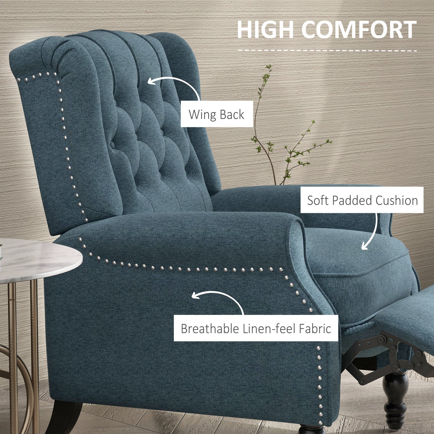 HOMCOM Blue Wingback Recliner Chair, Footrest, Tufted Rolled Armrests