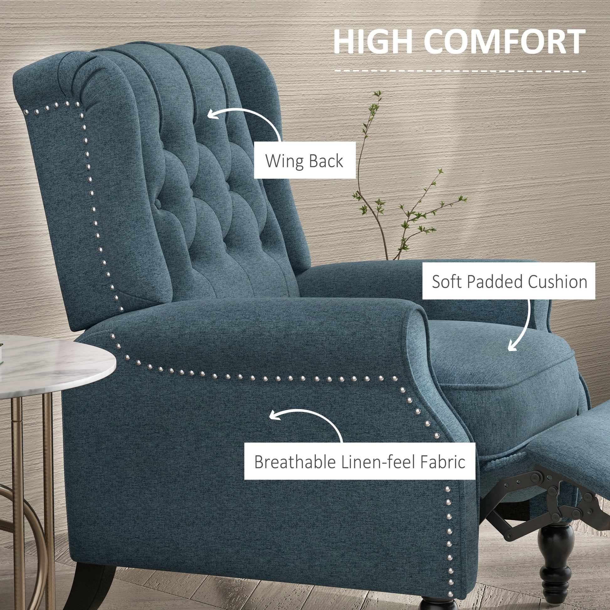 HOMCOM Blue Wingback Recliner Chair, Footrest, Tufted Rolled Armrests