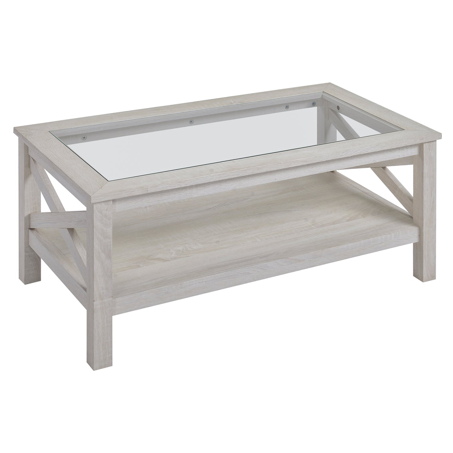 HOMCOM Farmhouse Coffee Table: Tempered Glass Top, Two-Tier Storage Shelf