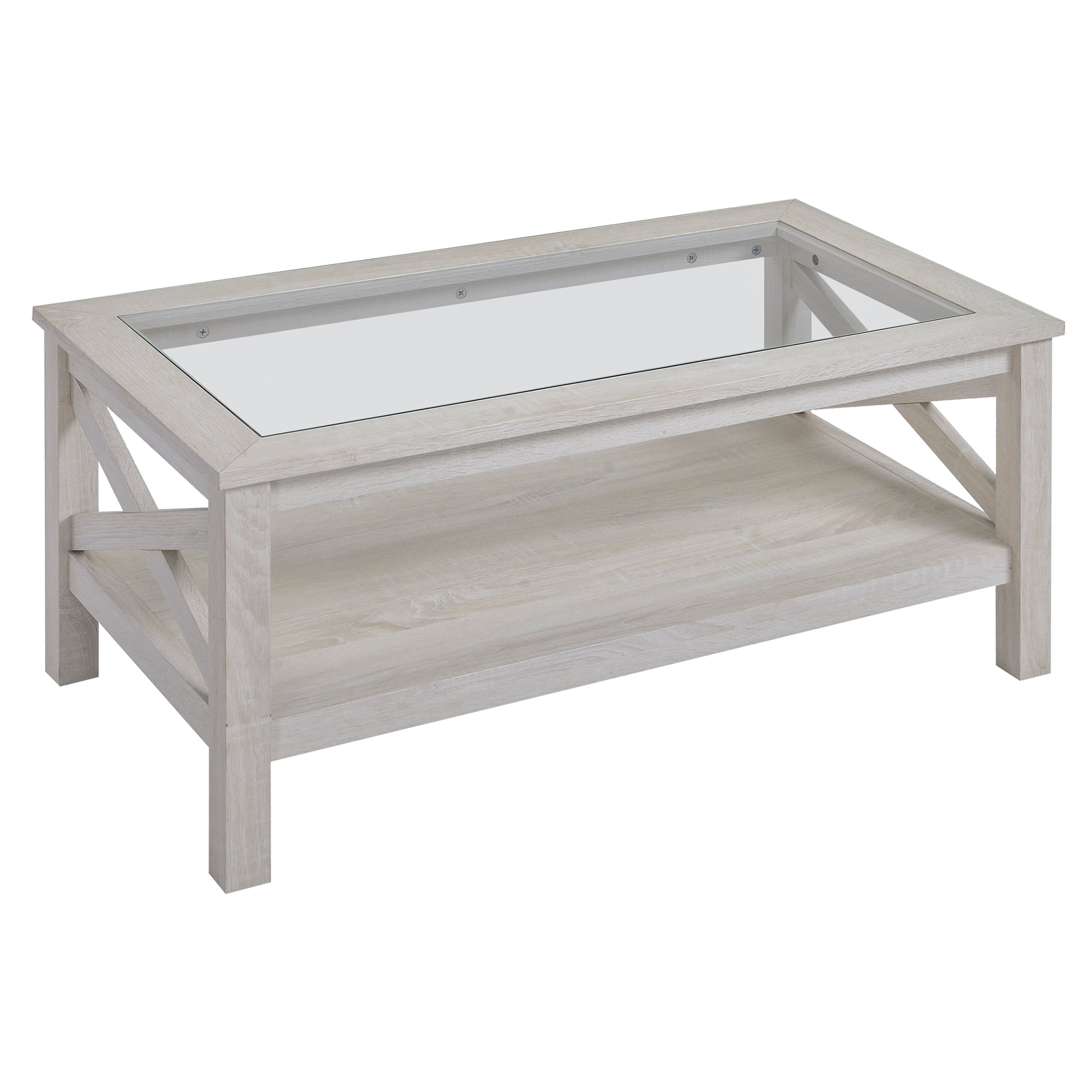 HOMCOM Farmhouse Coffee Table: Tempered Glass Top, Two-Tier Storage Shelf