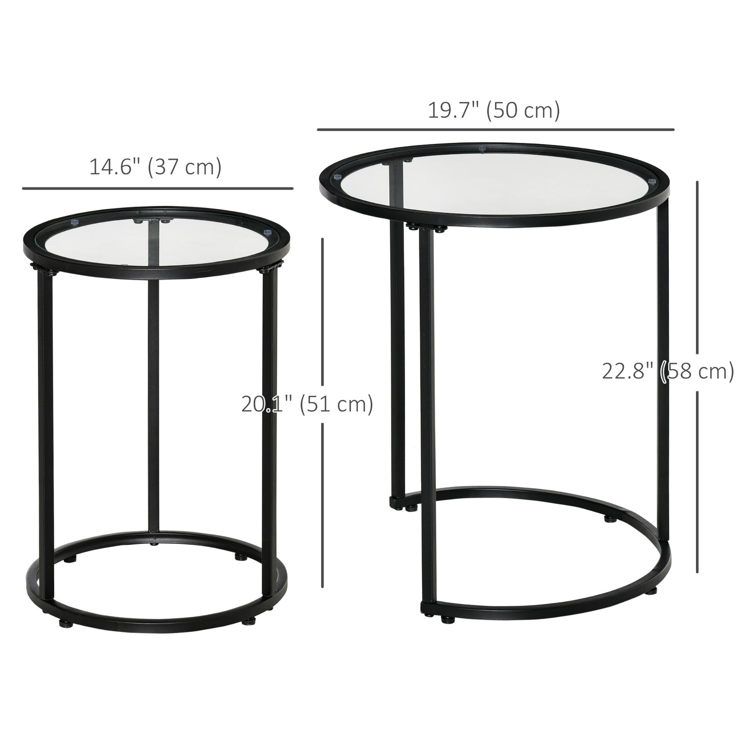 HOMCOM 2-Piece Nesting Round Coffee Tables, Tempered Glass Tops, Black Metal Base