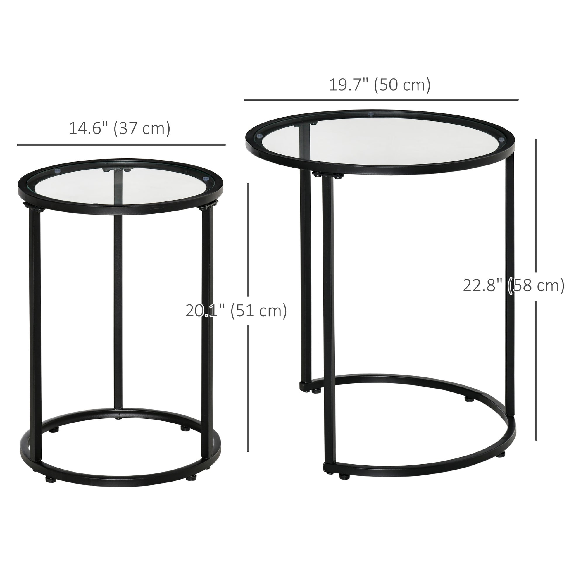 HOMCOM 2-Piece Nesting Round Coffee Tables, Tempered Glass Tops, Black Metal Base