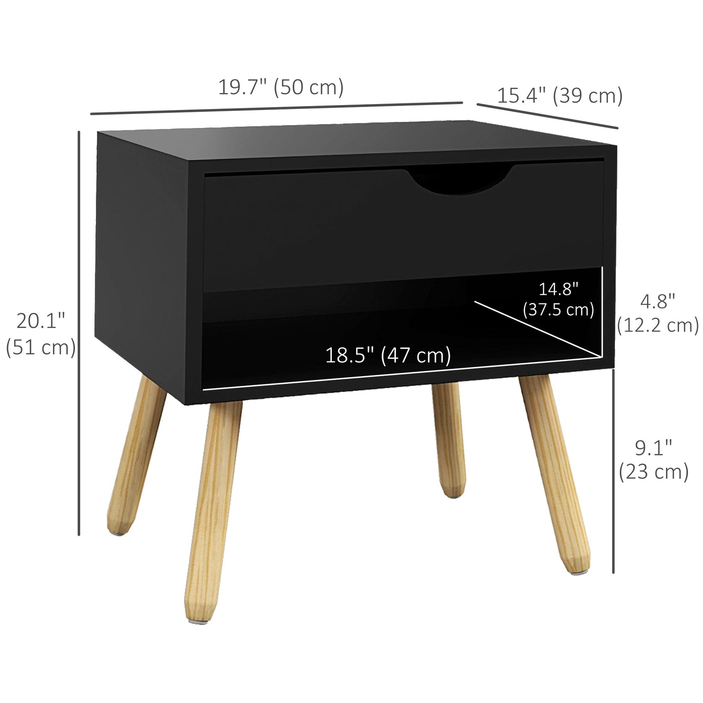 Set of 2 Modern Black Nightstands with Drawer, Shelf, Wooden Legs for Bedroom