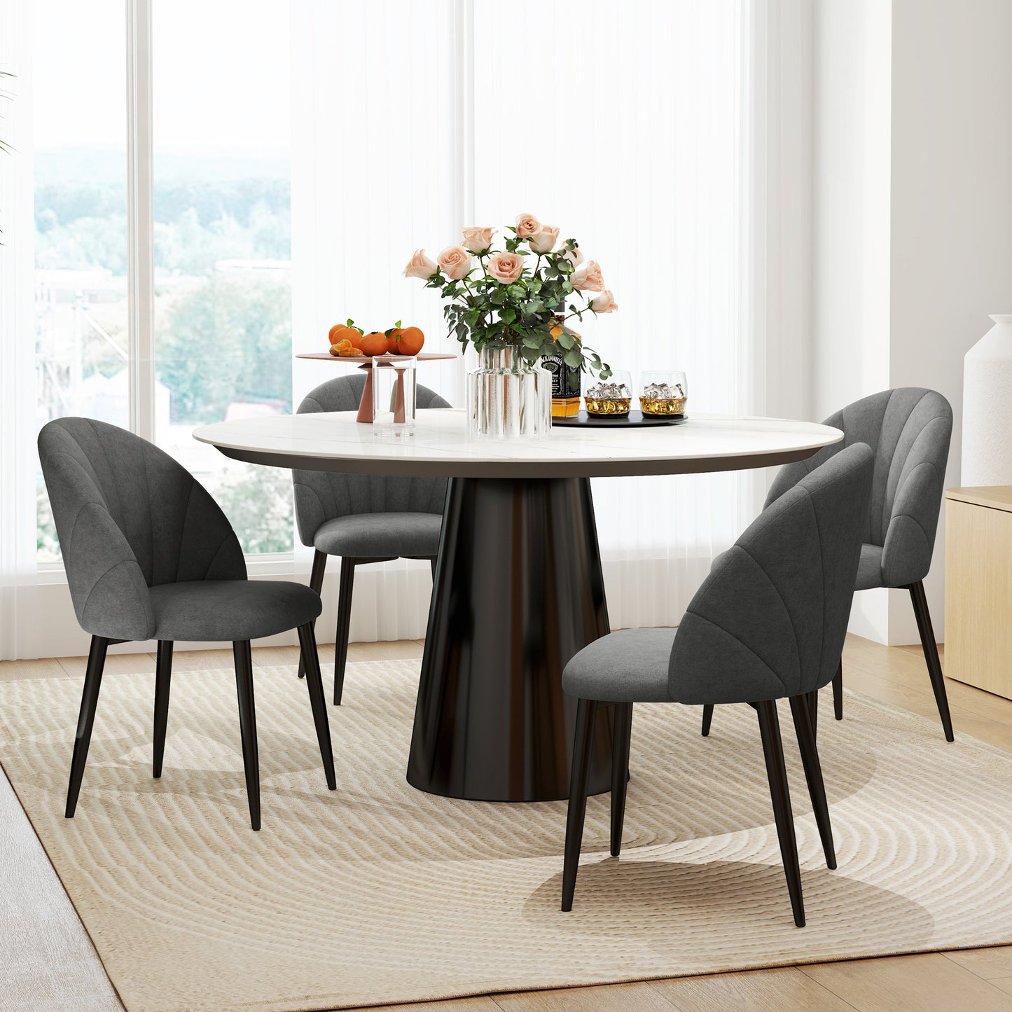 Modern Dining Chairs Set of 4, Upholstered Dining Room Chairs with Metal Legs, Shell Backrest, Padded Seat, Dark Grey