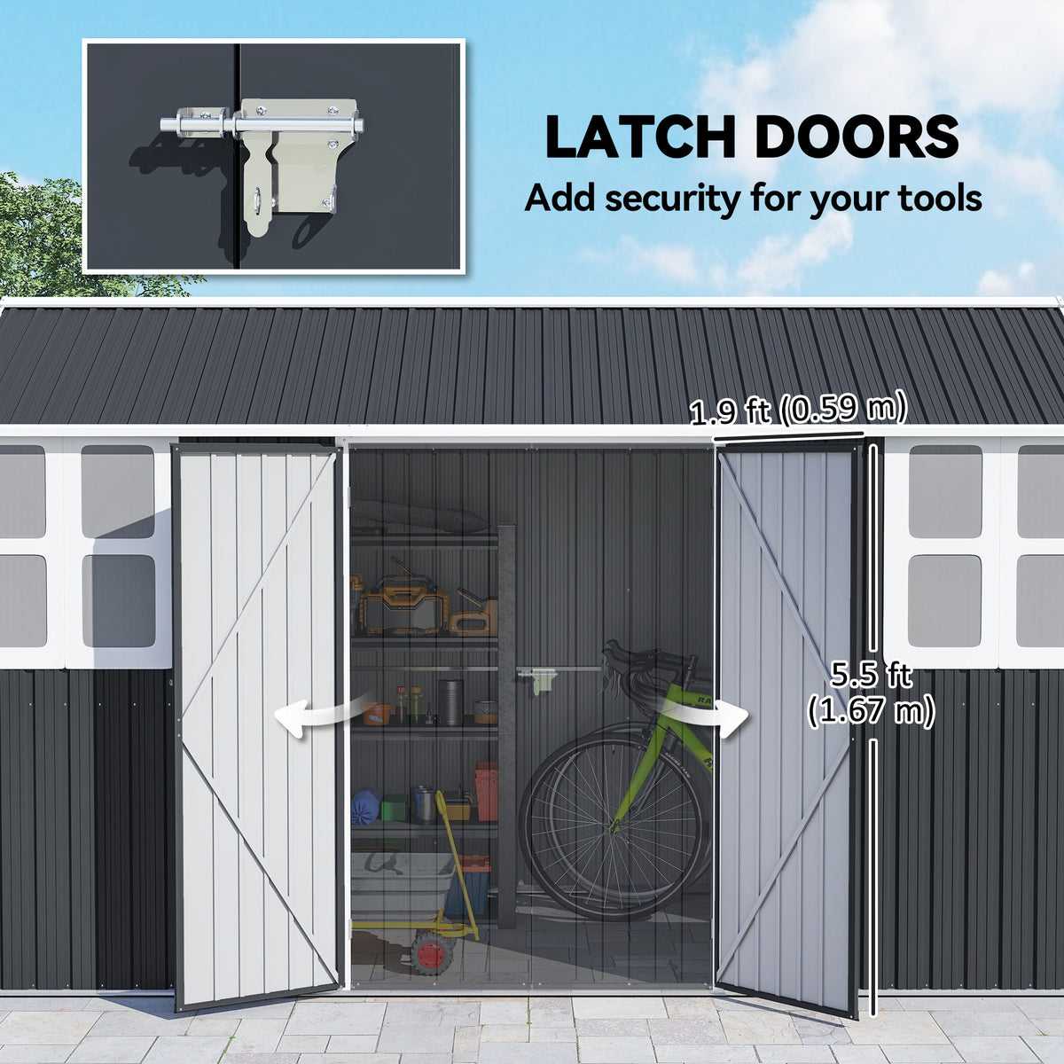 12' x 5.5' Metal Garden Storage Shed, Outdoor Tool Storage House with Lockable Door, Vents, Sloped Roof – Dark Grey
