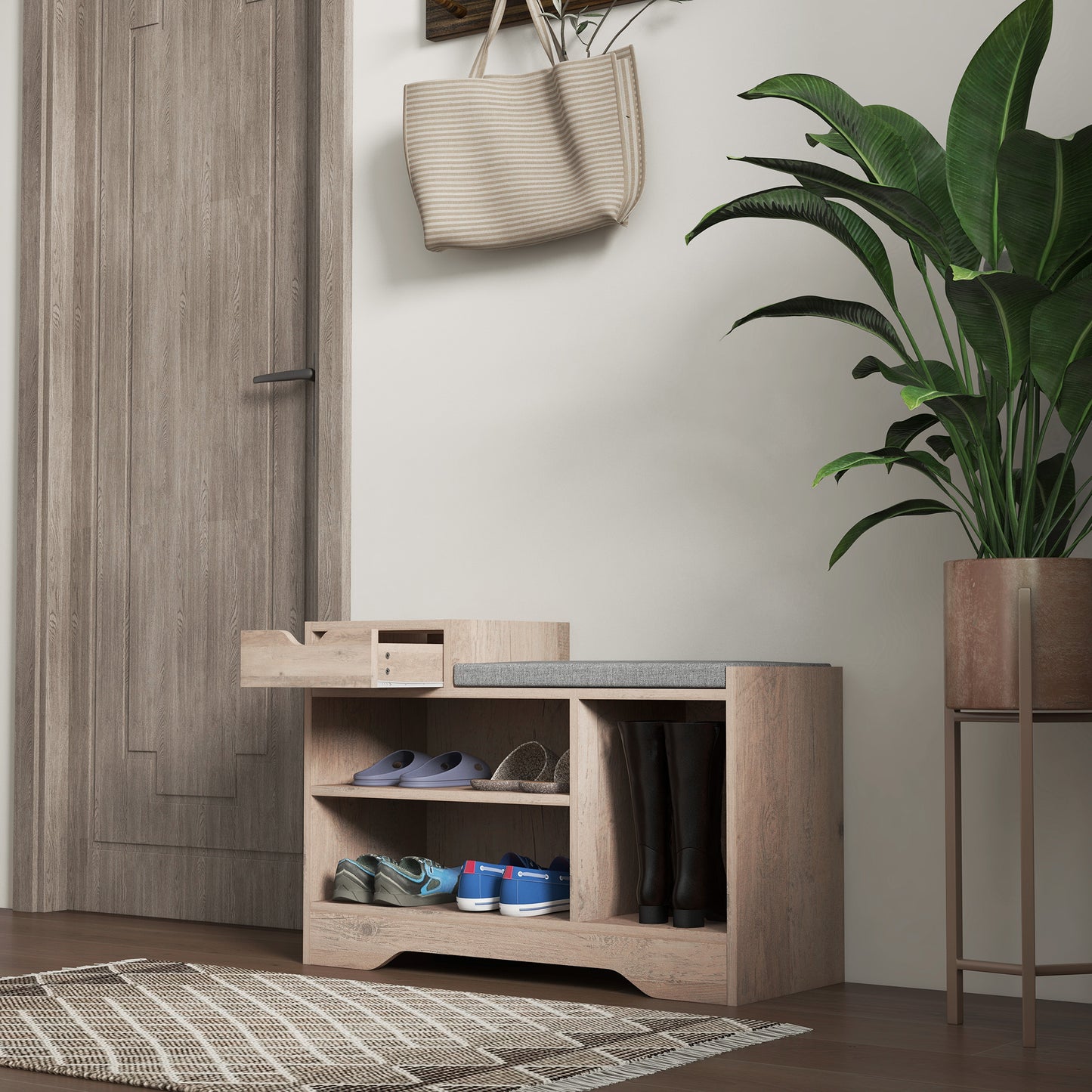 HOMCOM Grey Upholstered Entryway Shoe Storage Bench with Padded Seat and Shelves