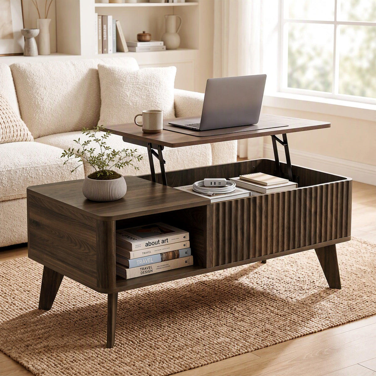HOMCOM 40" Fluted Lift Top Coffee Table with Storage, Mid-Century Coffee Table with Hidden Compartment, Open Shelf, Walnut