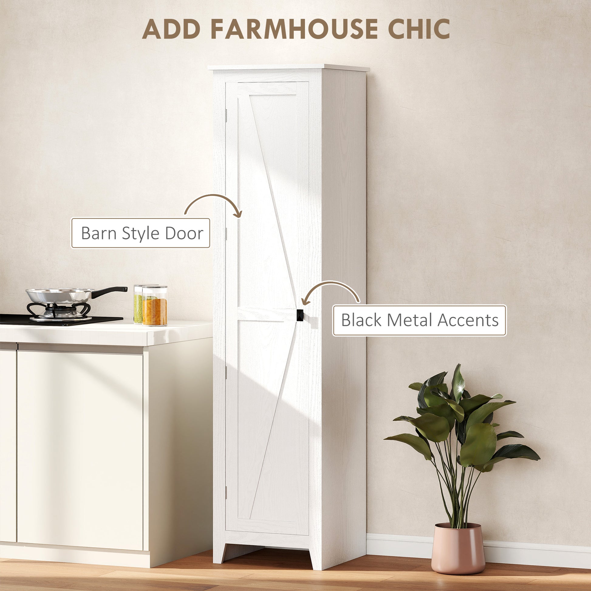 HOMCOM 67" Farmhouse Pantry Cabinet with Barn Door – White, 5‑Shelf Storage