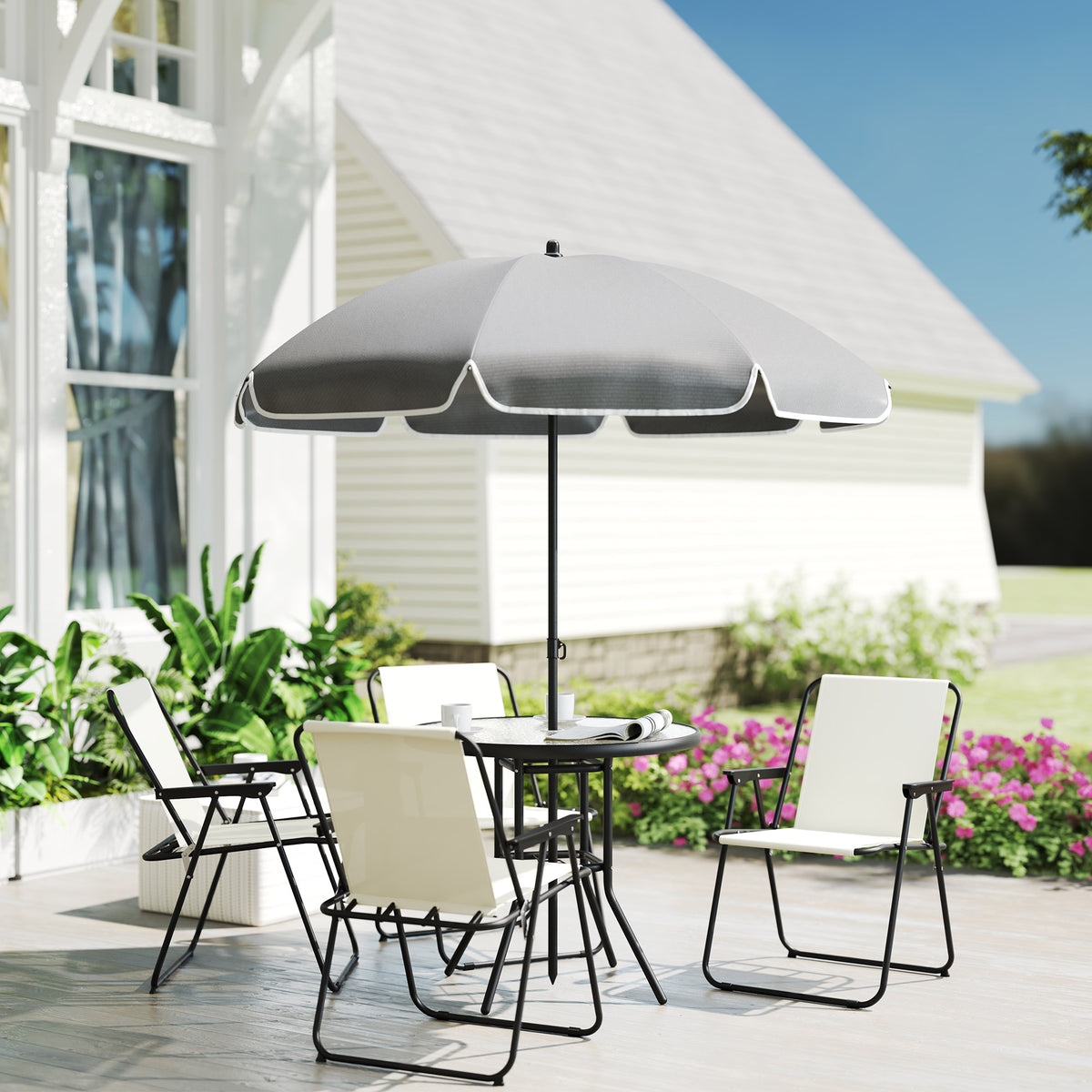 6 Pieces Patio Dining Set with Umbrella, Patio Furniture Set with Folding Chairs, Glass Table for Garden Backyard