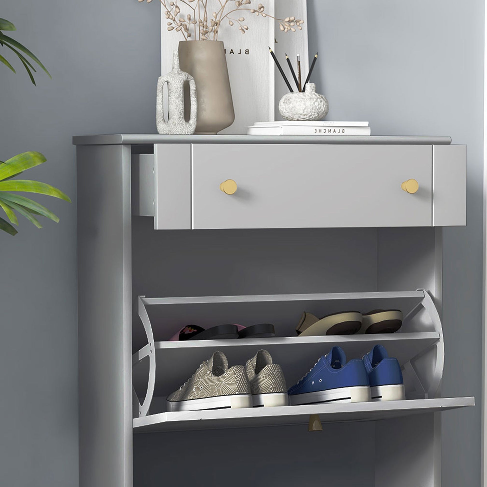 HOMCOM Slim Grey Shoe Storage Cabinet with 2 Flip Drawers, Adjustable Shelves, 8 Pair Capacity