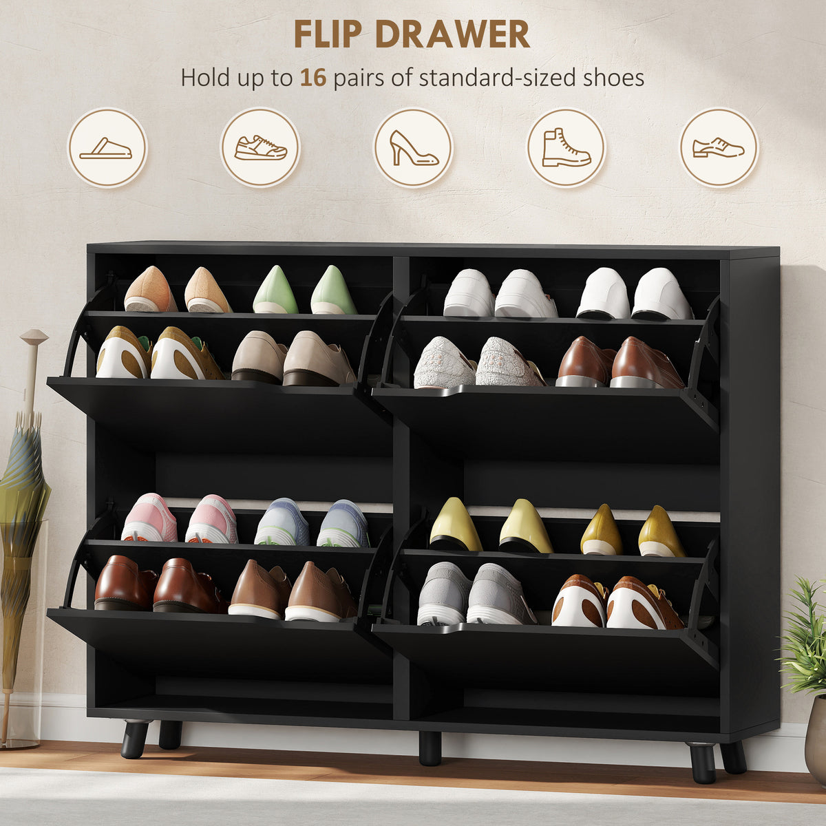 Narrow Shoe Cabinet with 4 Flip Drawers – 41"W x 34"H