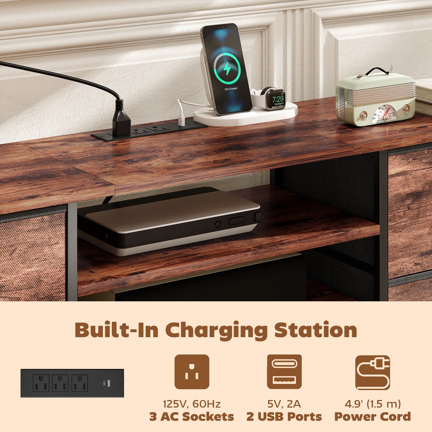 HOMCOM TV Stand for TVs up to 70 Inch, Industrial TV Console with Charging Station, 5 Drawers and Open Shelves, Rustic Brown