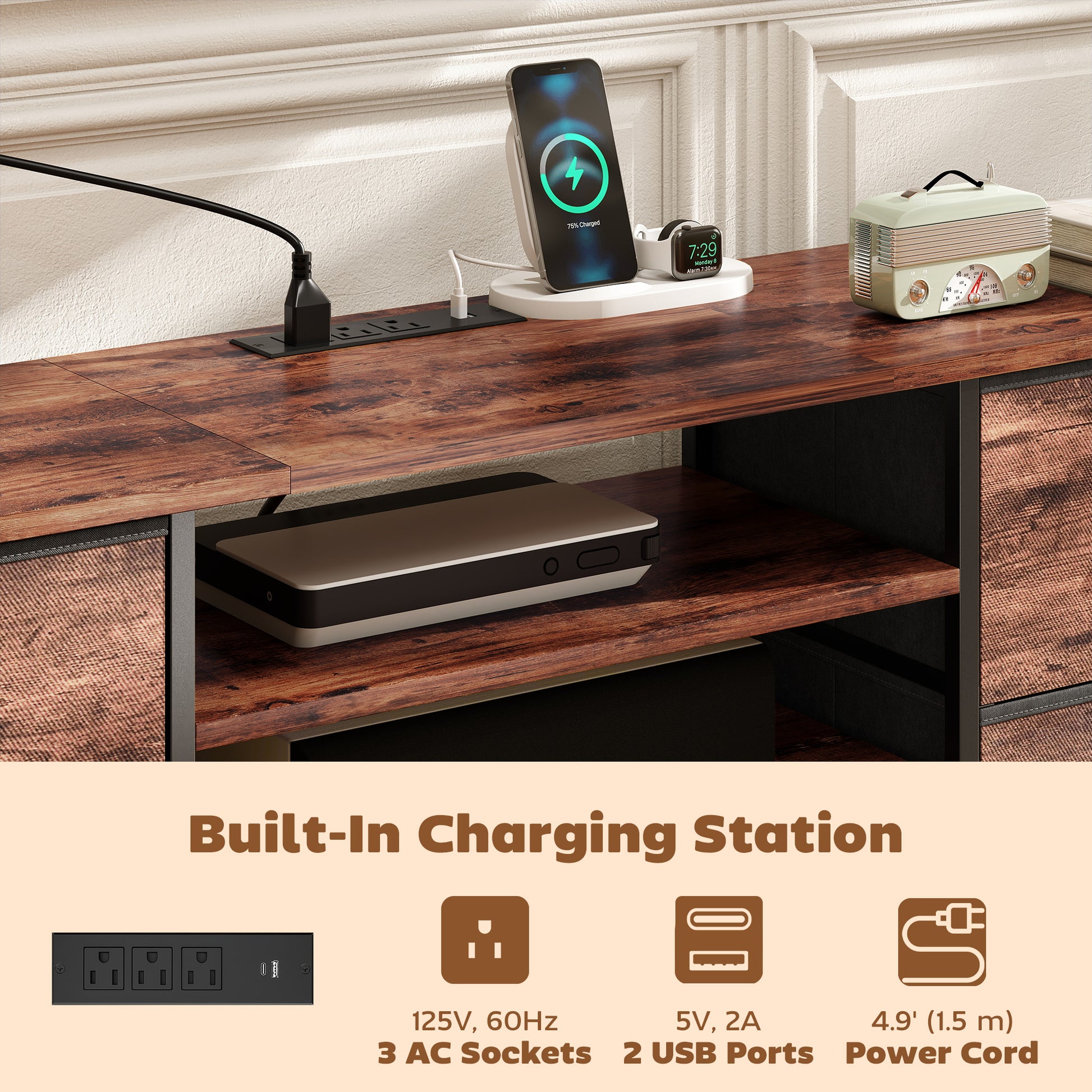 HOMCOM TV Stand for TVs up to 70 Inch, Industrial TV Console with Charging Station, 5 Drawers and Open Shelves, Rustic Brown