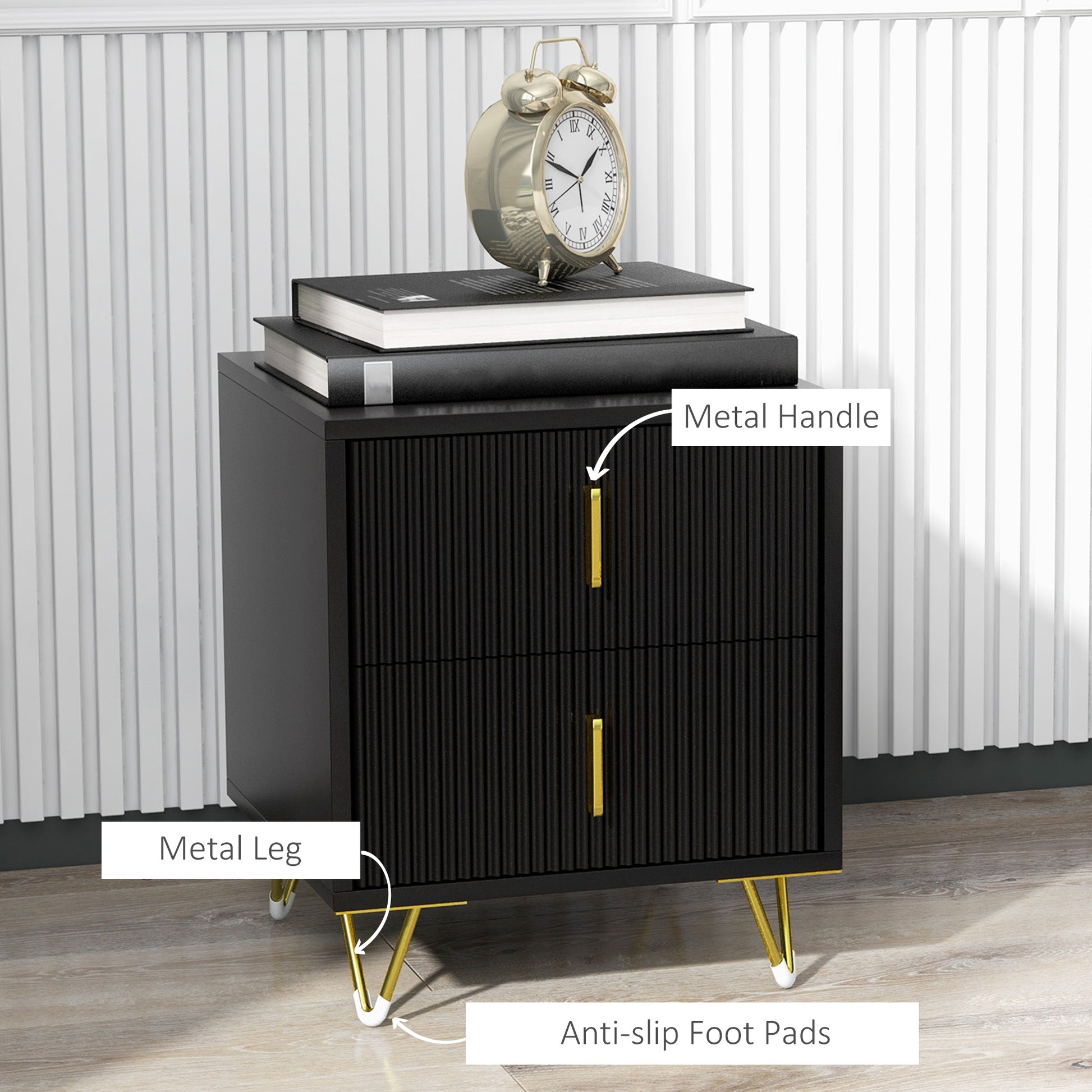 HOMCOM Modern Black 2-Drawer Bedside Nightstand, Fluted Fronts, Golden Metal Legs