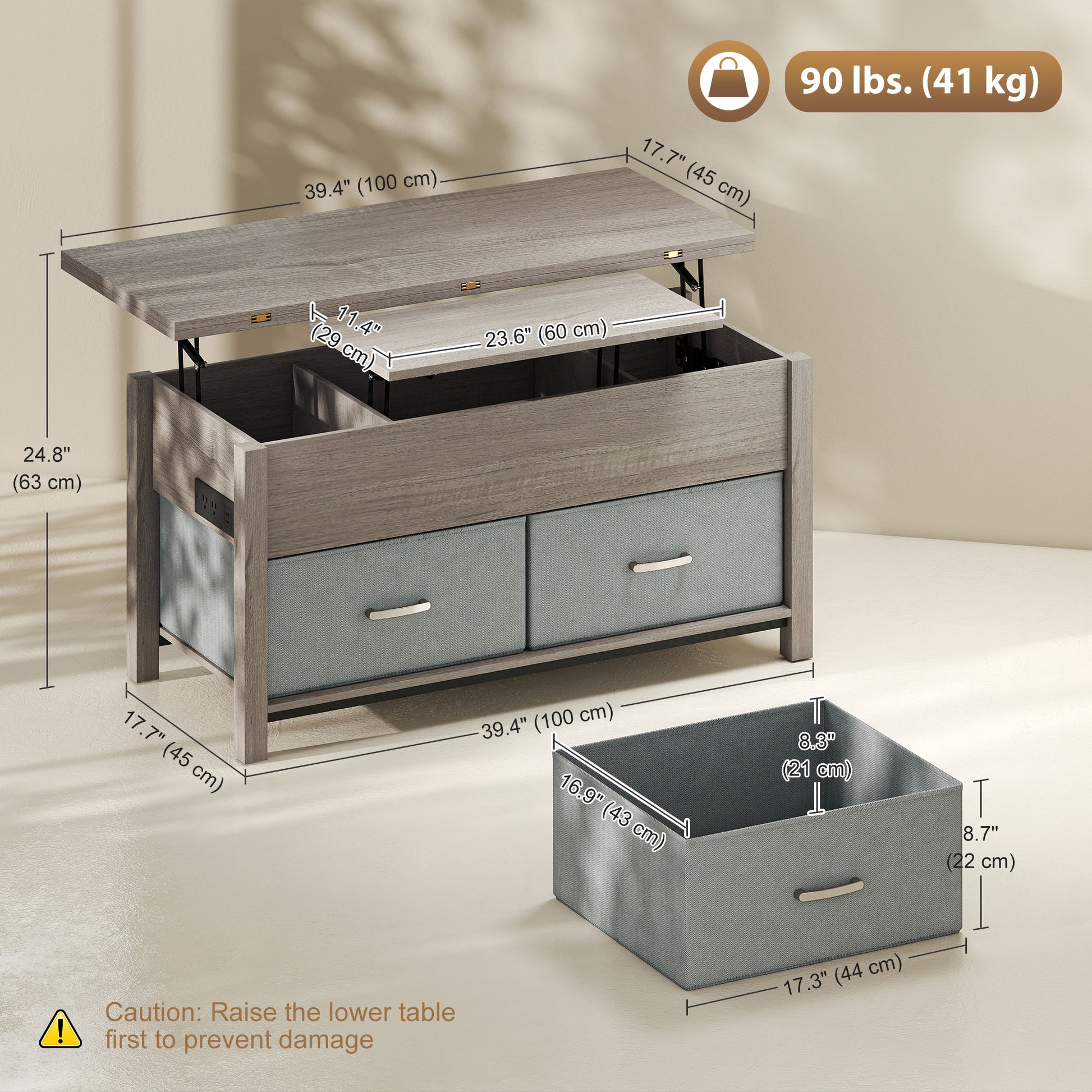 Modern Lift Top Coffee Table with Charging, Hidden Storage & Fabric Drawers