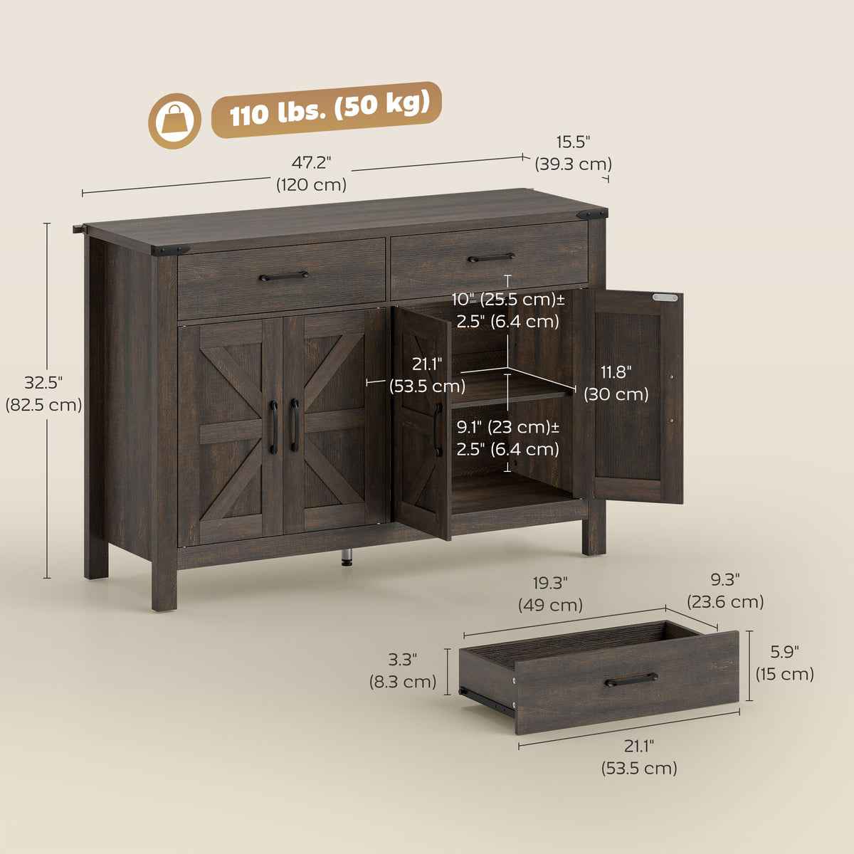 Farmhouse Kitchen Storage Cabinet with 2 Drawers and Shelves – 47"W x 32"H