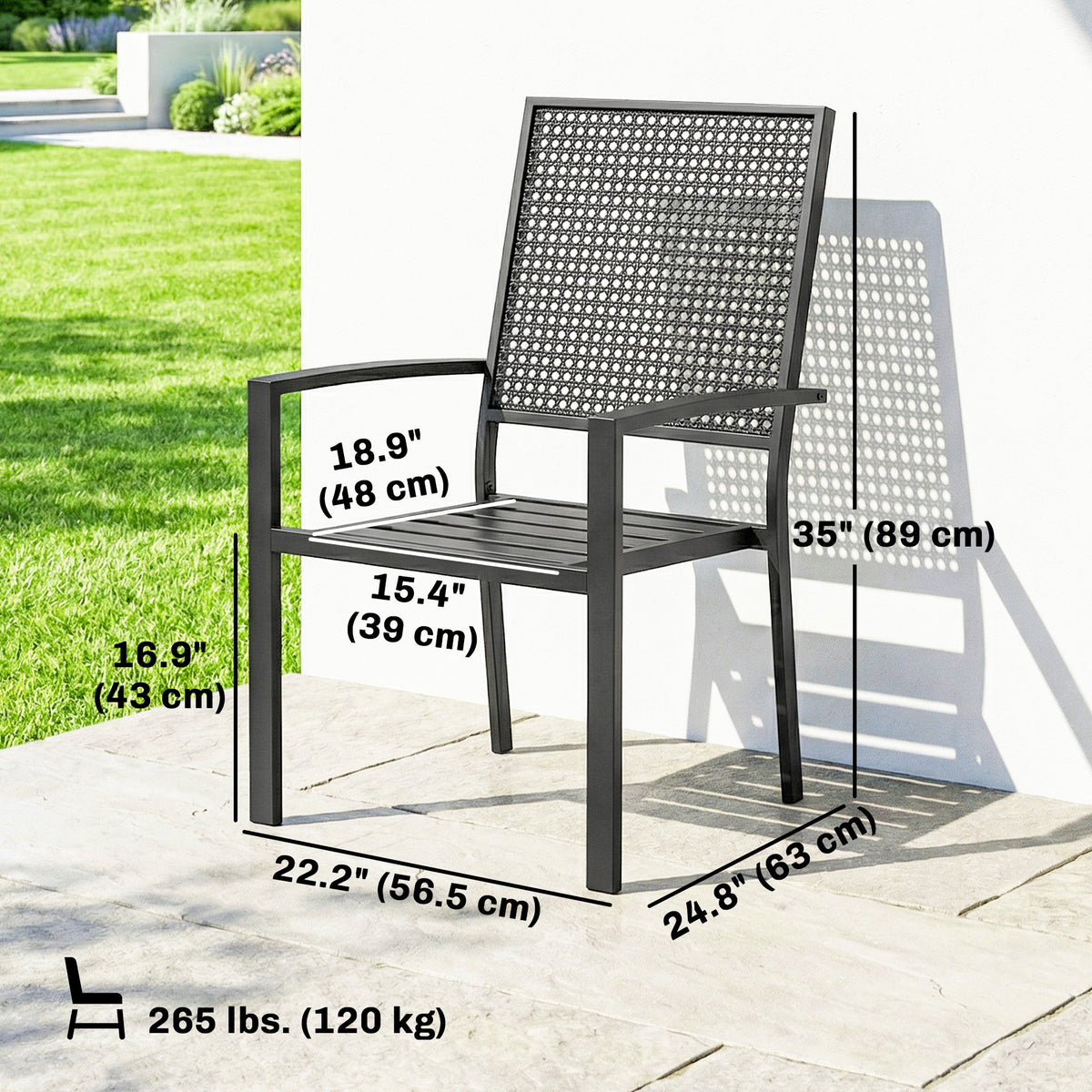 Stackable Patio Chairs Set of 2, Outdoor Dining Chairs with Faux Wicker Steel Mesh Back, Slatted Seat, Armrests