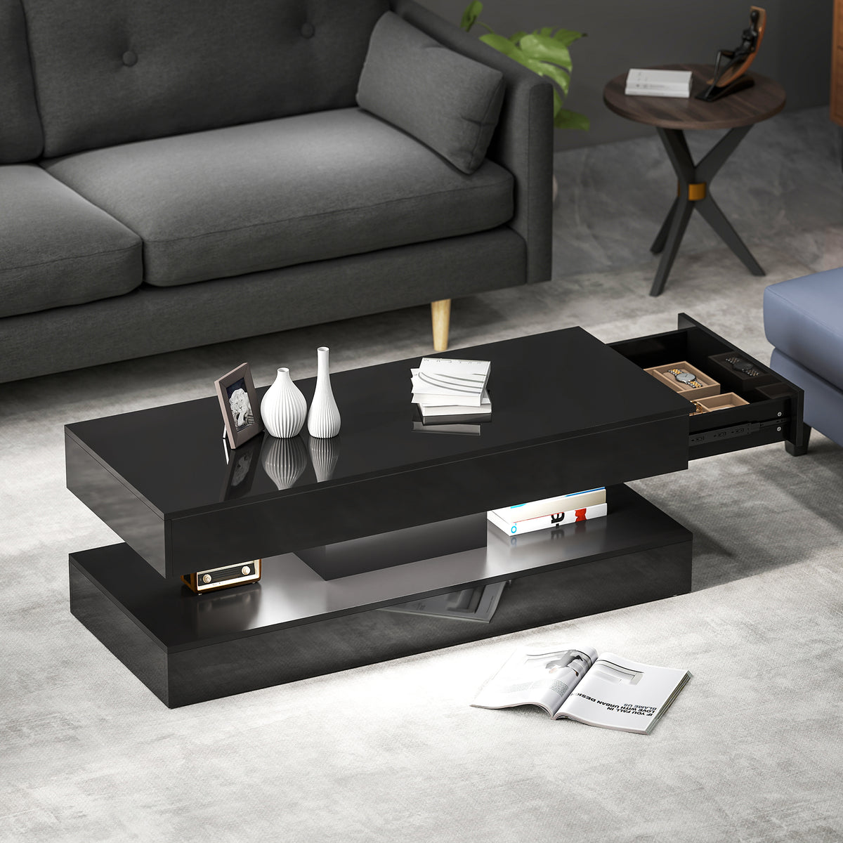 Coffee Table with Adjustable RGB LED Lights, 2 Drawers, Open Shelf and Remote