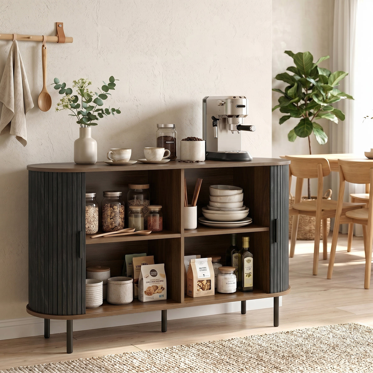 Mid Century Coffee Bar Cabinet with Sliding Doors and Adjustable Shelves – 55"W x 30"H