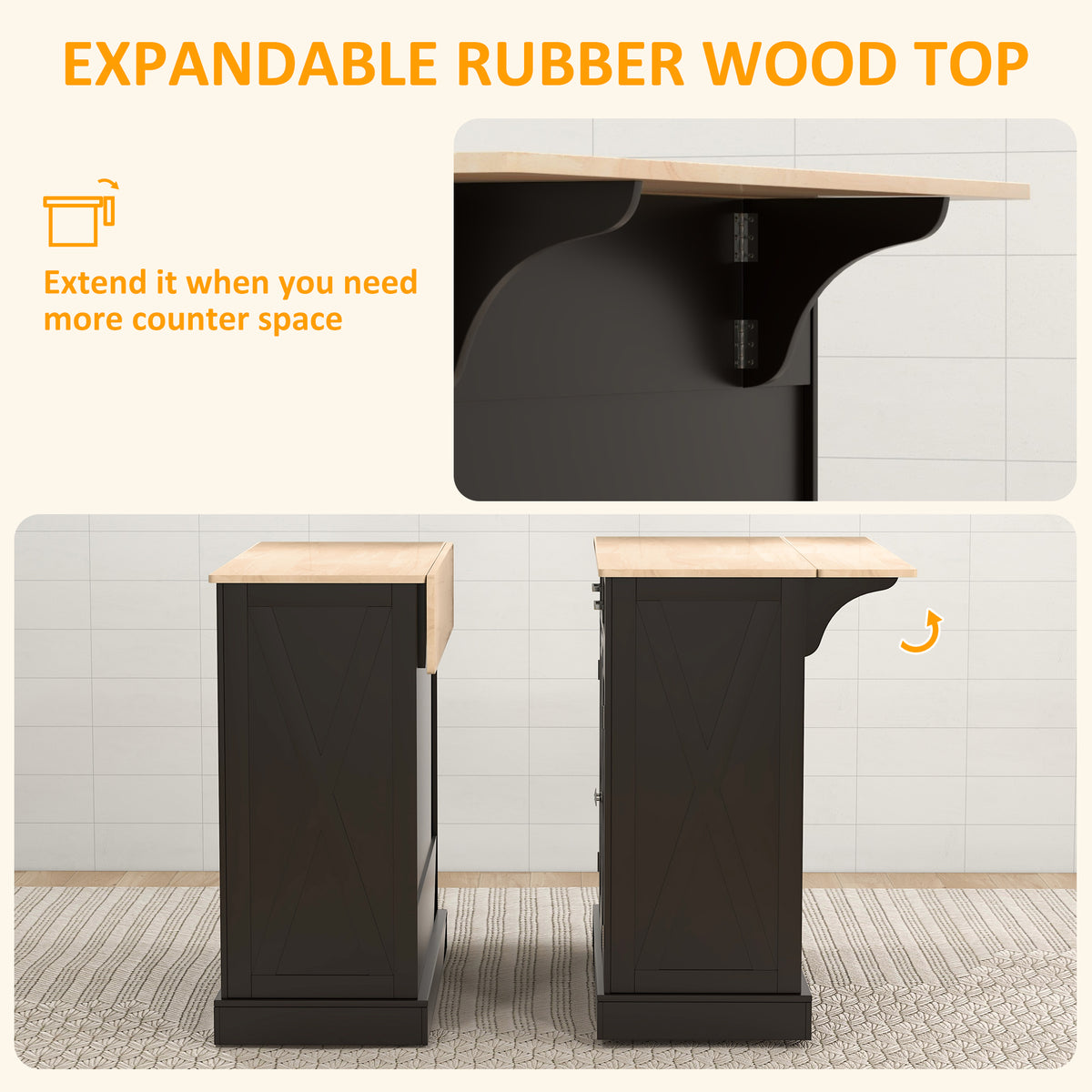 Rolling Kitchen Island with Drop Leaf Wood Breakfast Bar – 41"W x 36"H
