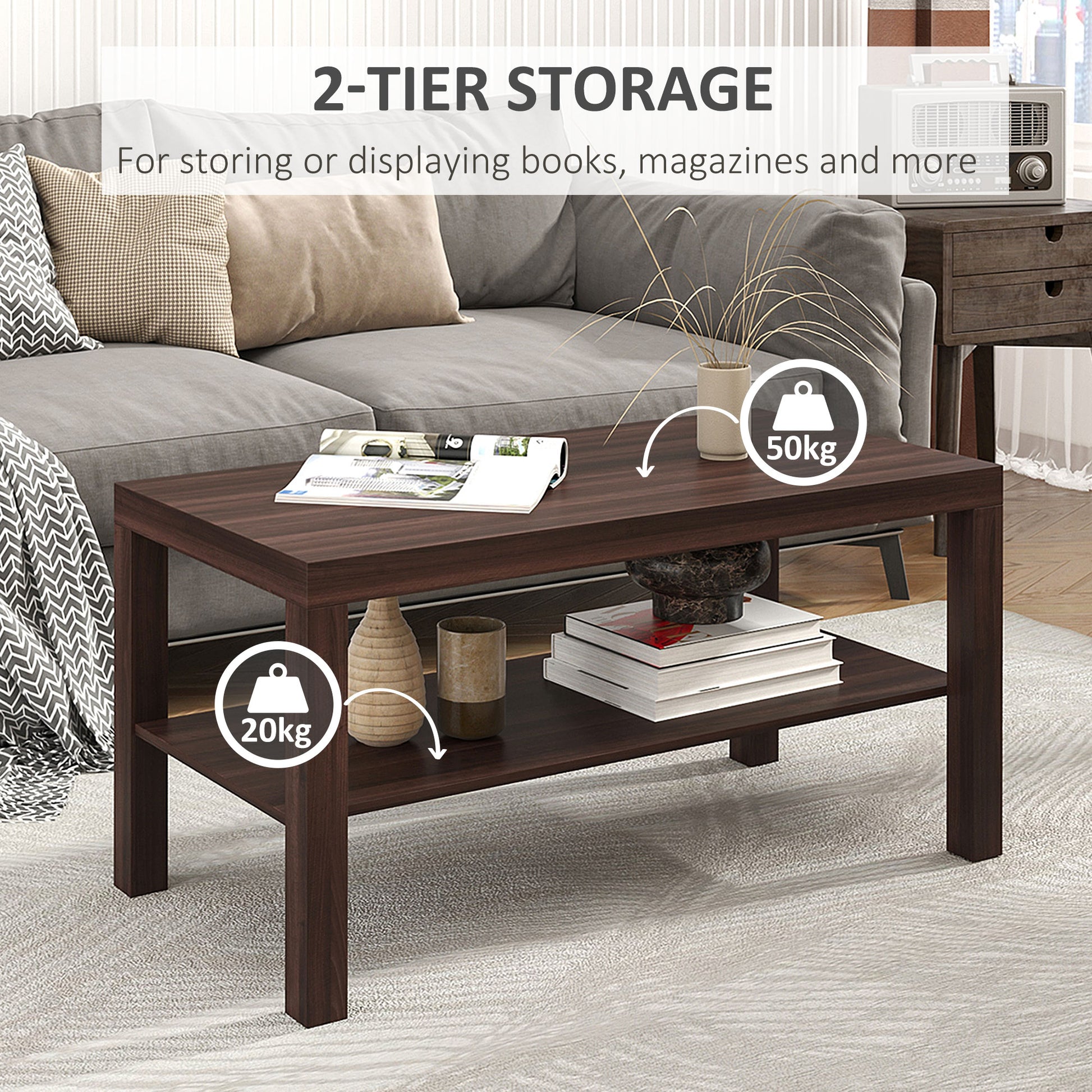HOMCOM Modern Walnut Wood Coffee Table with 2-Tier Storage Shelf